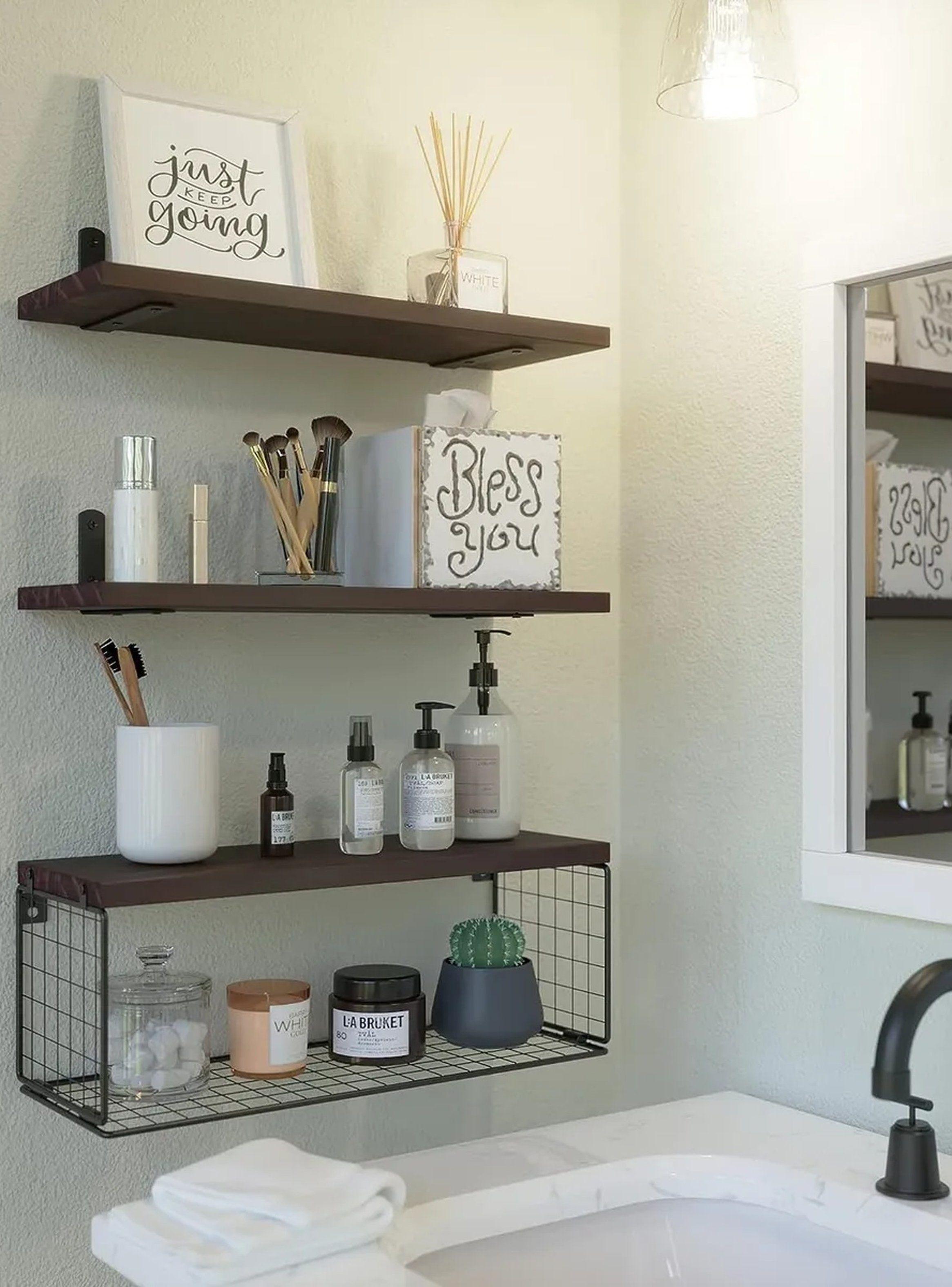 Estantes Flotantes de Madera de Pino Negro con Rejilla Metálica-5