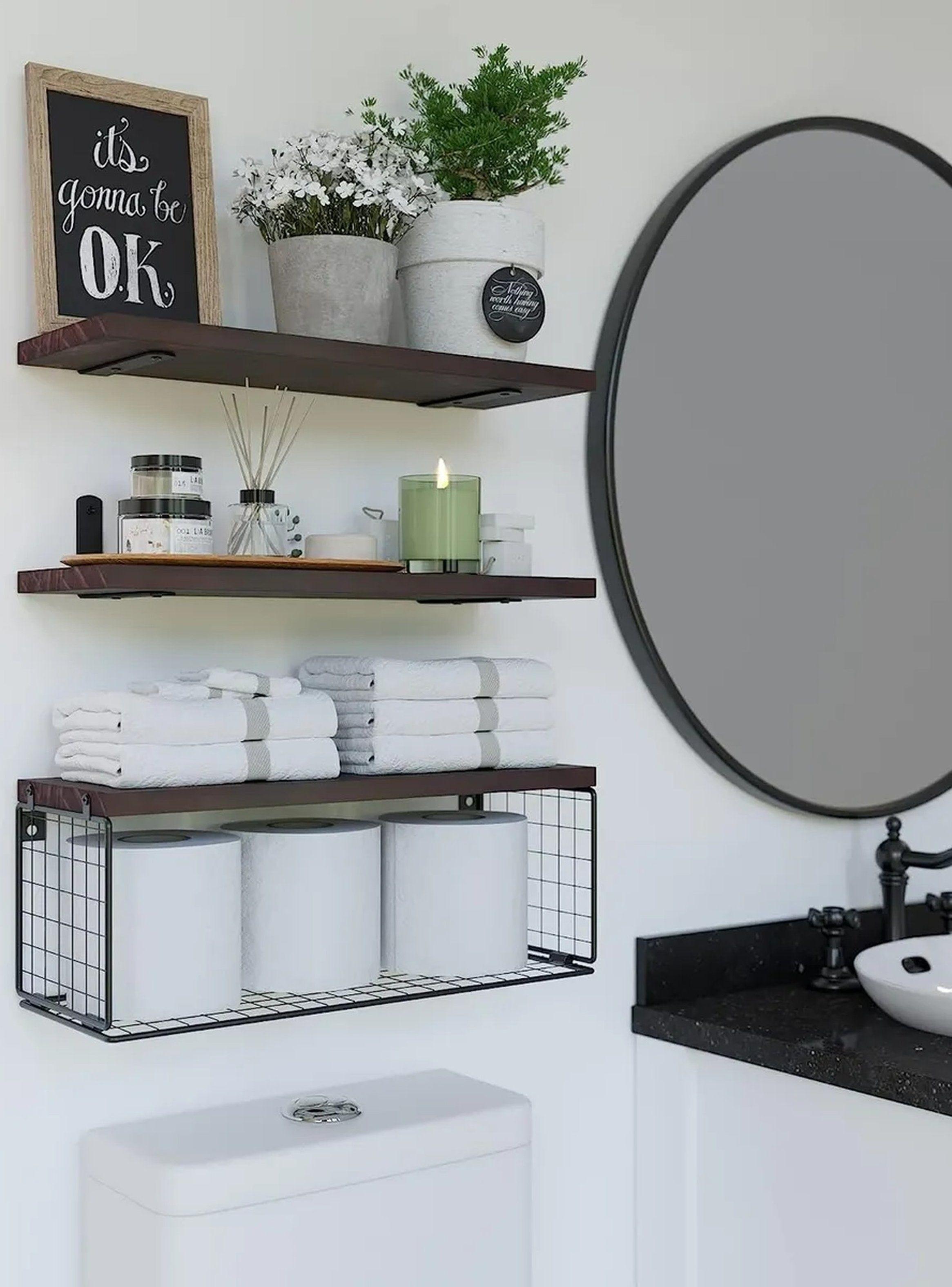 Estantes Flotantes de Madera de Pino Negro con Rejilla Metálica-6