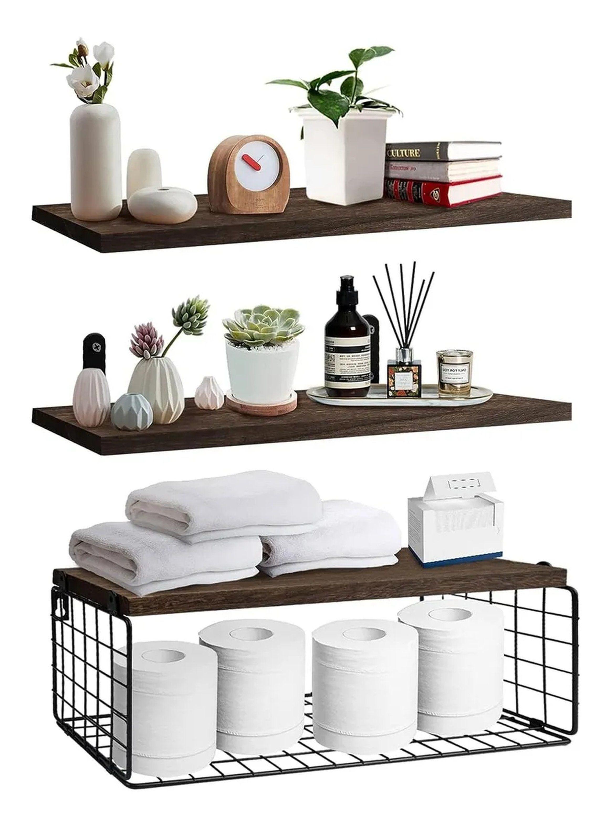 Estantes Flotantes de Madera de Pino Negro con Rejilla Metálica-9