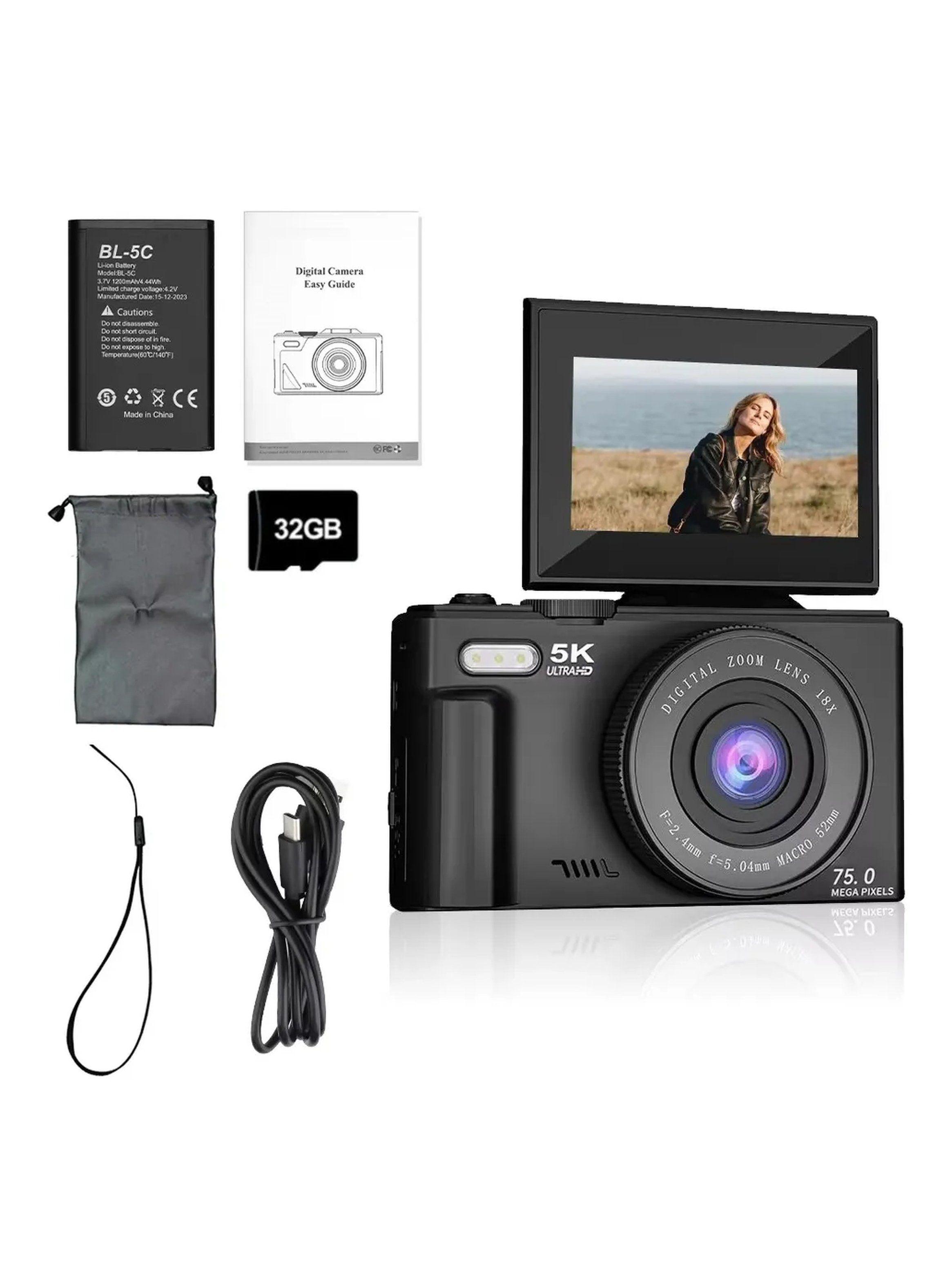 Cámara Digital 5K 75MP Pantalla Giratoria WiFi Zoom 18x-8