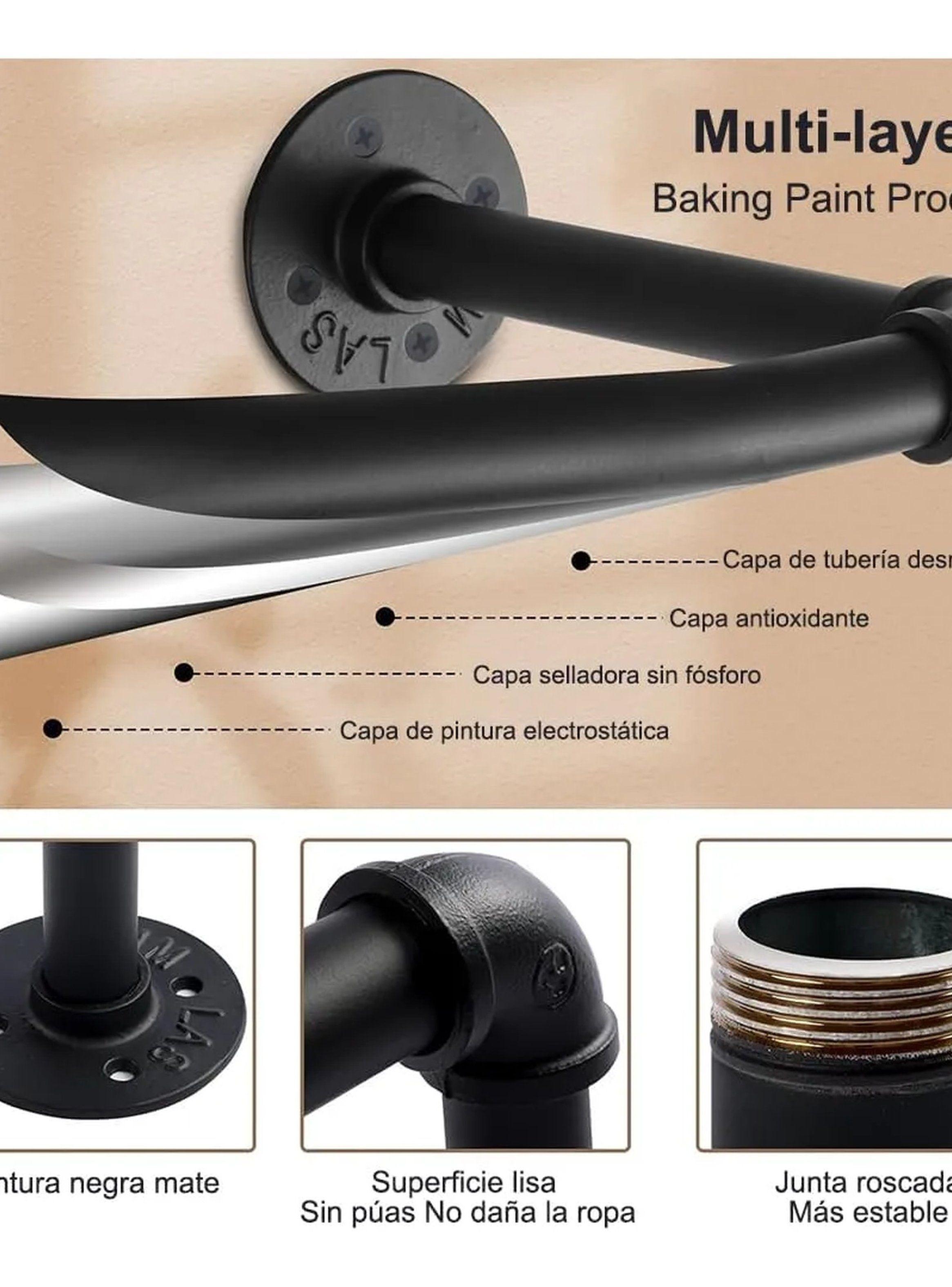 Barra de Ropa Montaje en Pared Metal 91cm Negra Resistente Carga 60kg-6