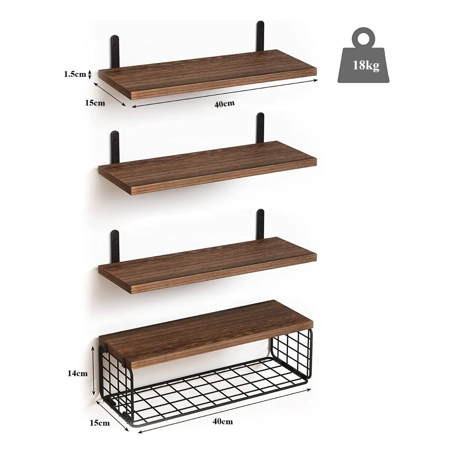 Estantería Flotante Madera Natural 4 Niveles Con Canasta Metal 40cm-2