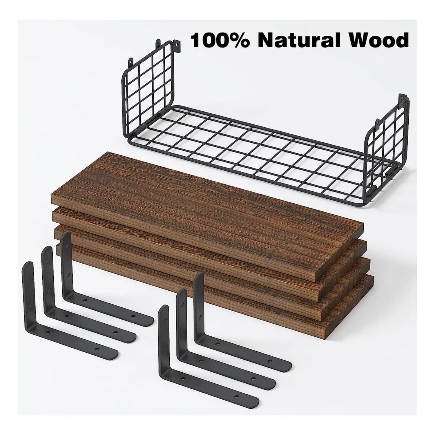 Estantería Flotante Madera Natural 4 Niveles Con Canasta Metal 40cm-3