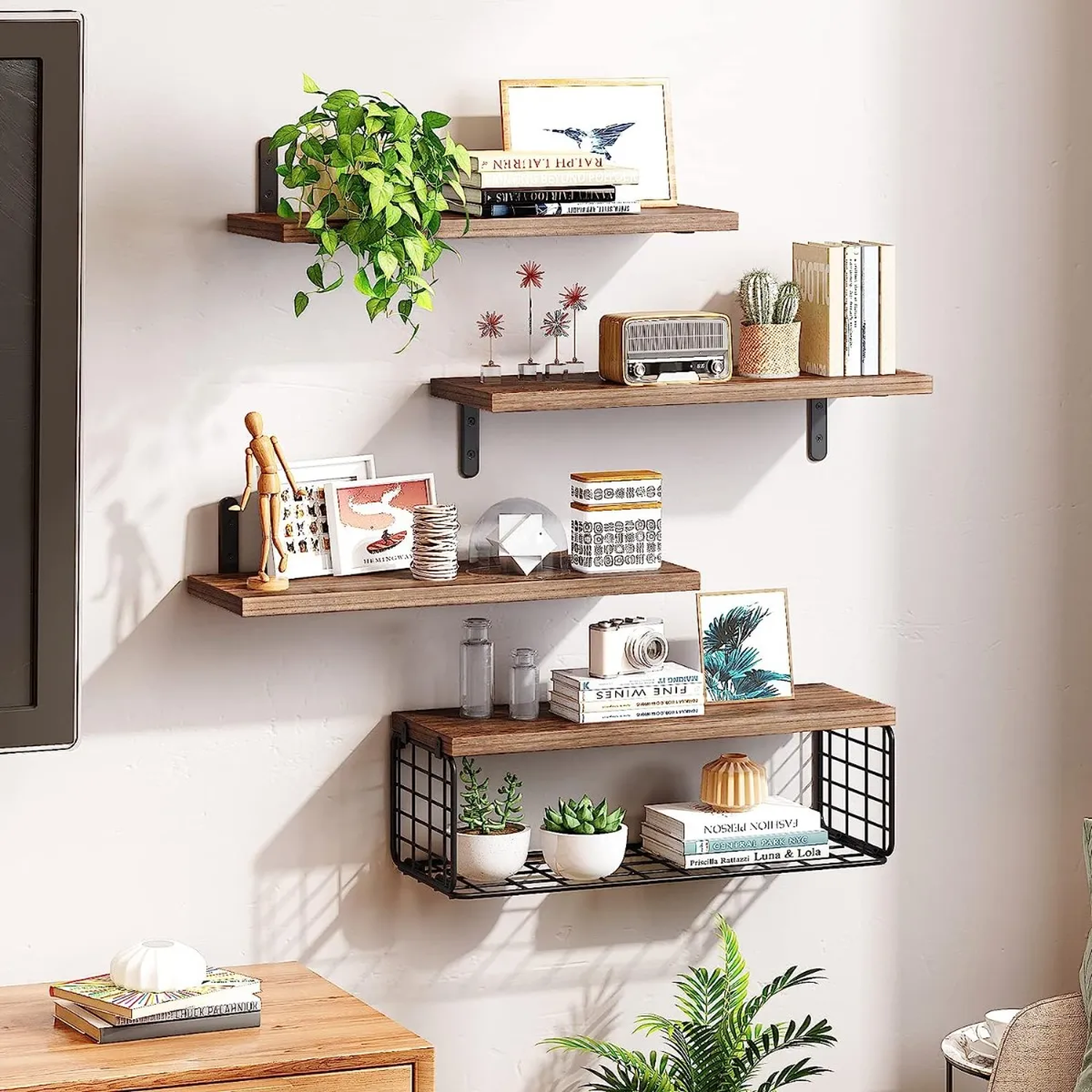 Estantería Flotante Madera Natural 4 Niveles Con Canasta Metal 40cm-5