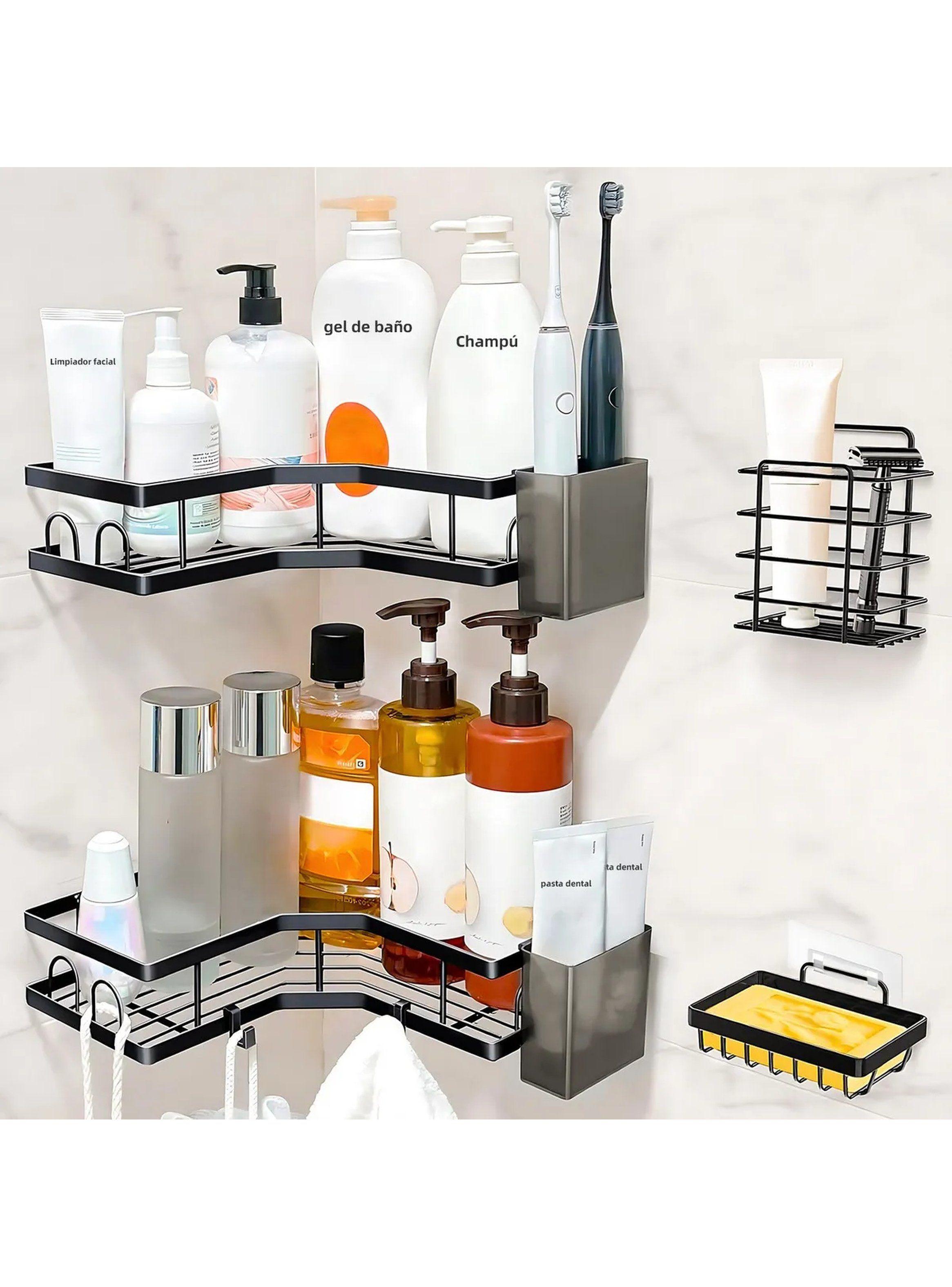 Estantería de Baño Esquinera Metálica Negra Adhesiva Multicompartimentos-2