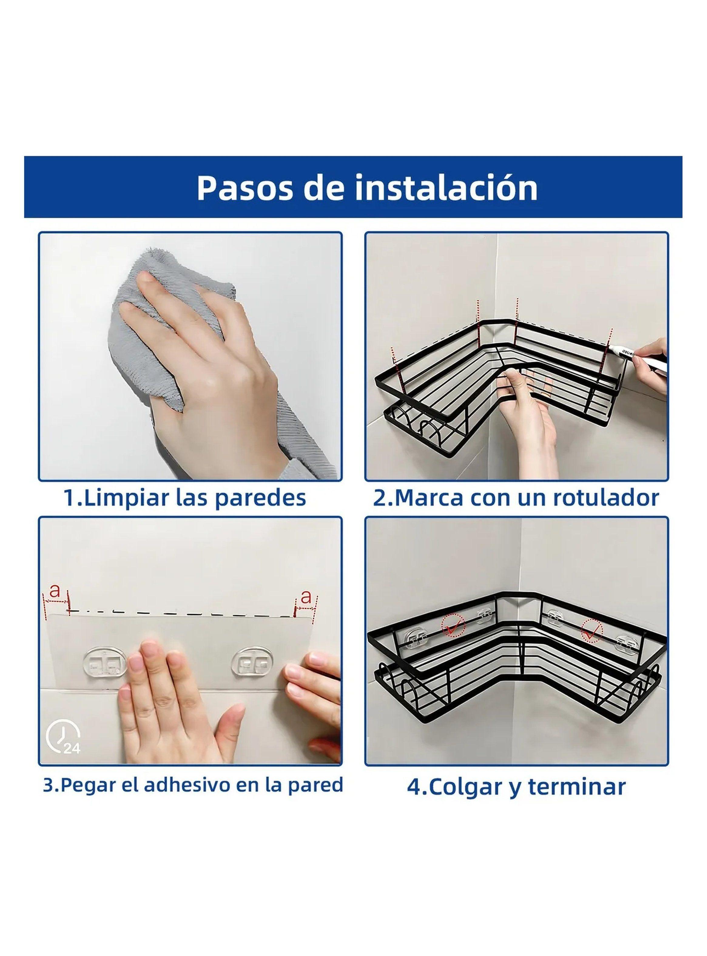 Estantería de Baño Esquinera Metálica Negra Adhesiva Multicompartimentos-4