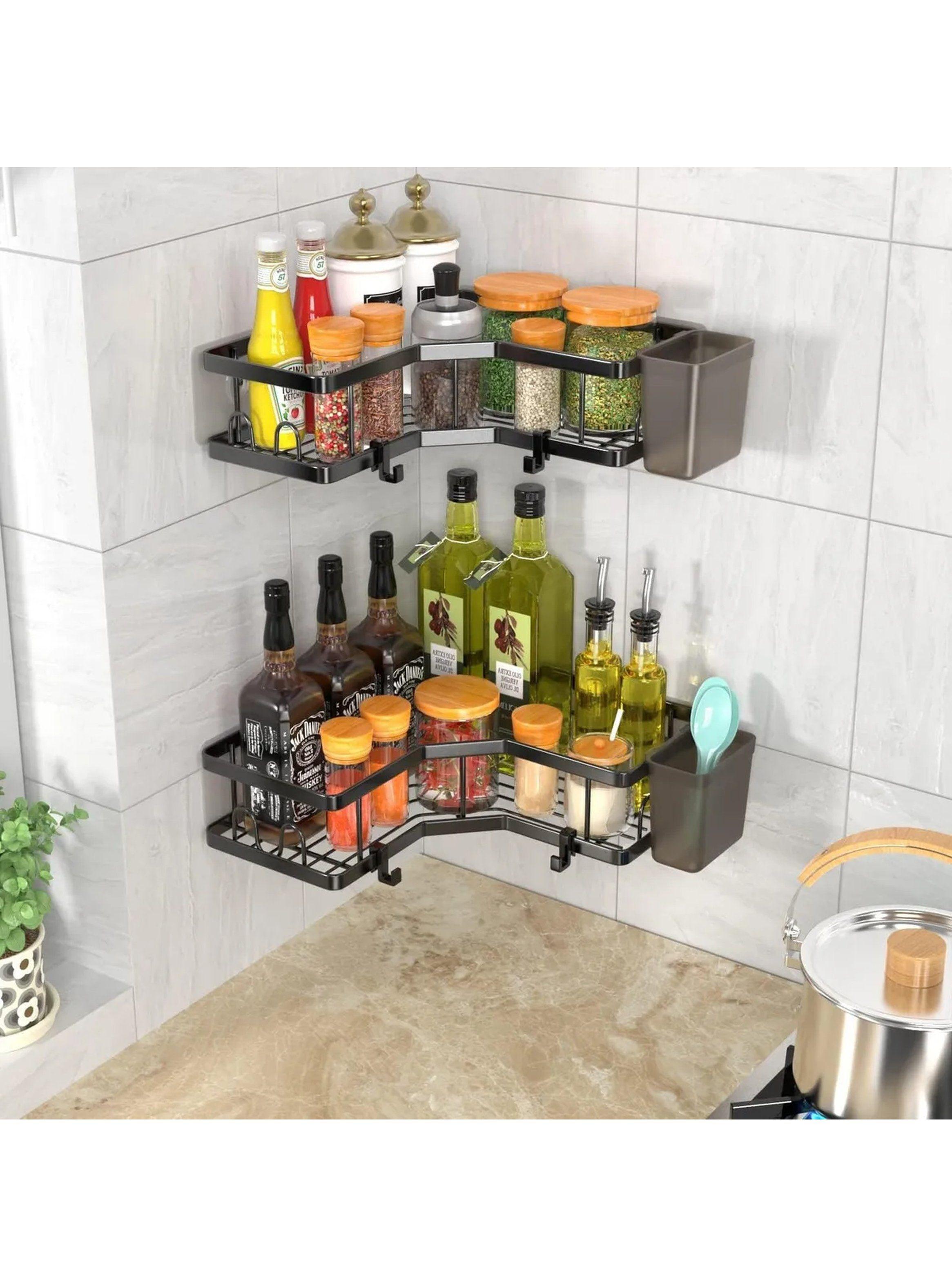 Estantería de Baño Esquinera Metálica Negra Adhesiva Multicompartimentos-5