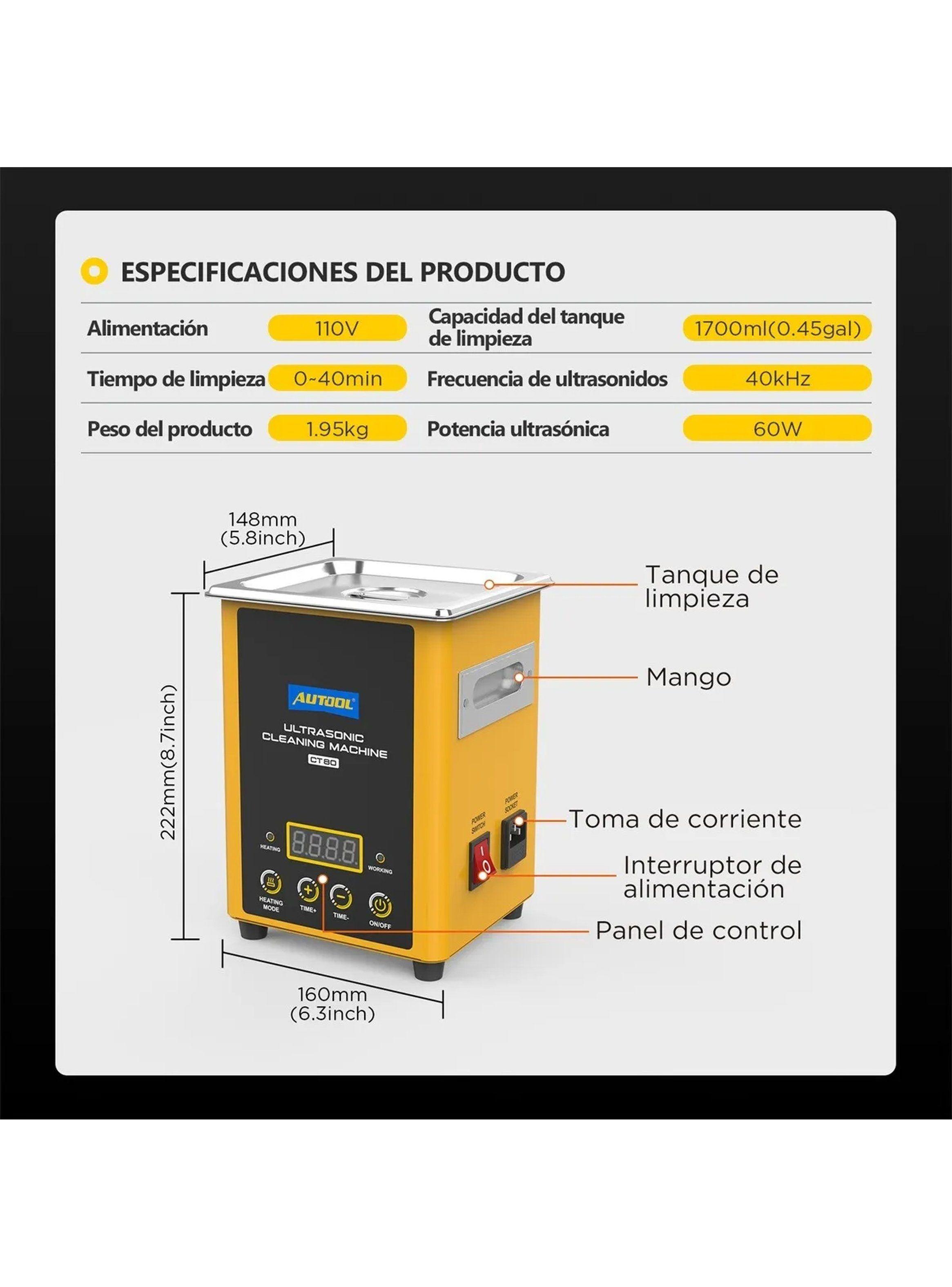 Máquina de Limpieza por Ultrasonidos Acero Inoxidable 1700ml | Calefacción hasta 50°C-3