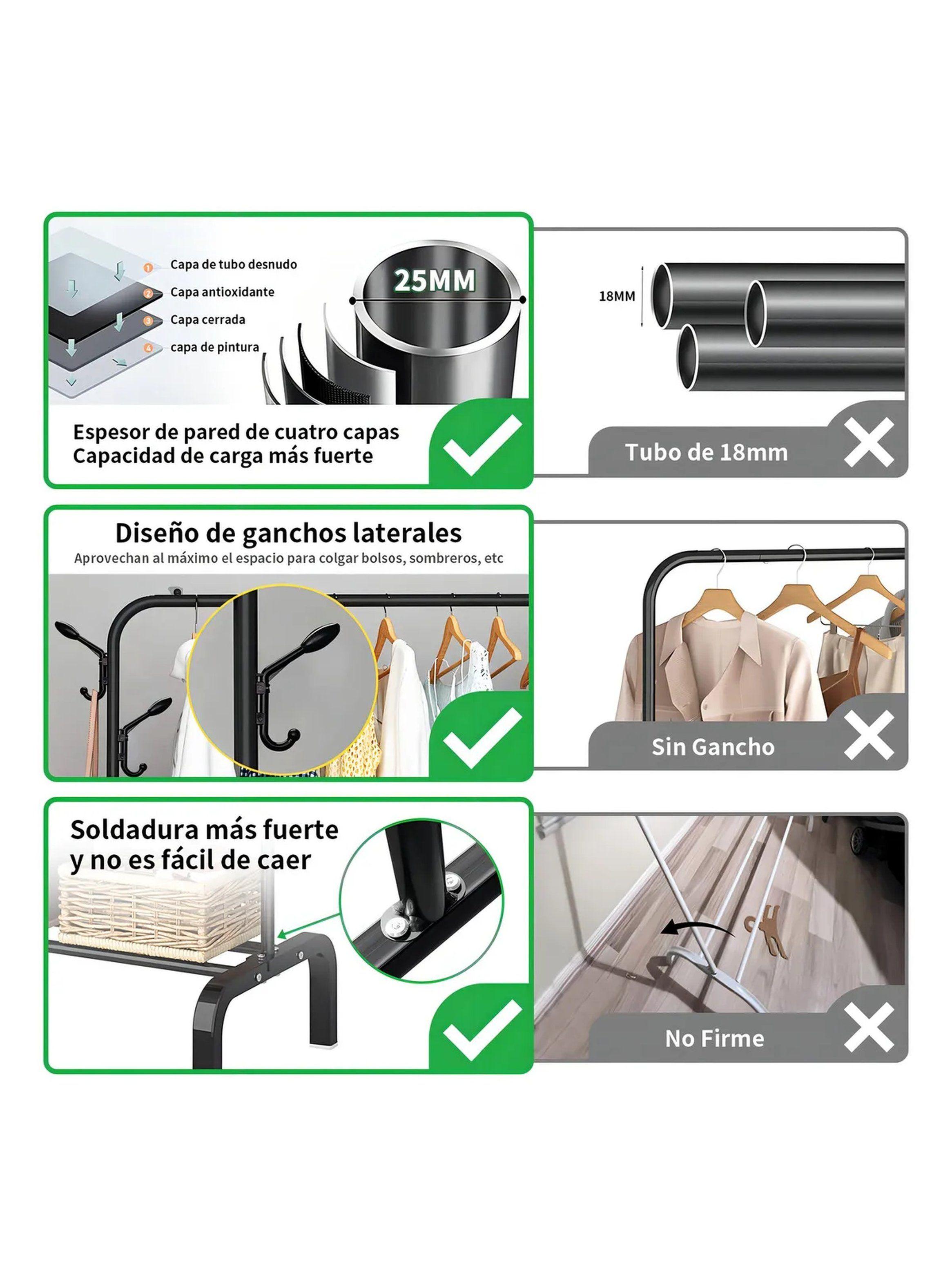 Estante Metálico para Ropa Multifuncional 25mm con Ganchos Laterales-1
