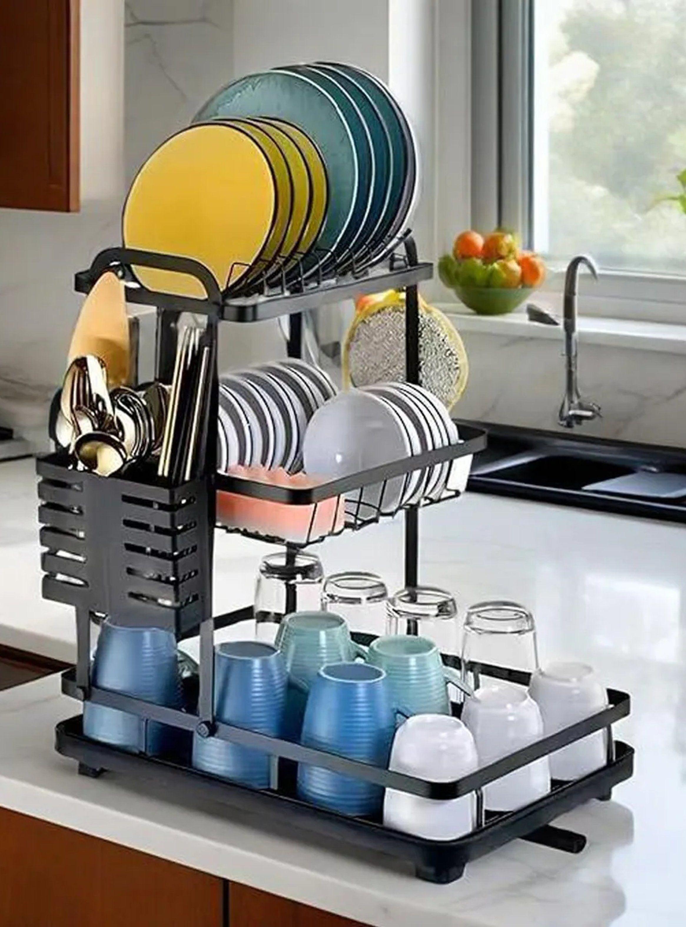 Escurreplatos de Metal Negro Multifuncional 2 Niveles Aptos Cocina-2