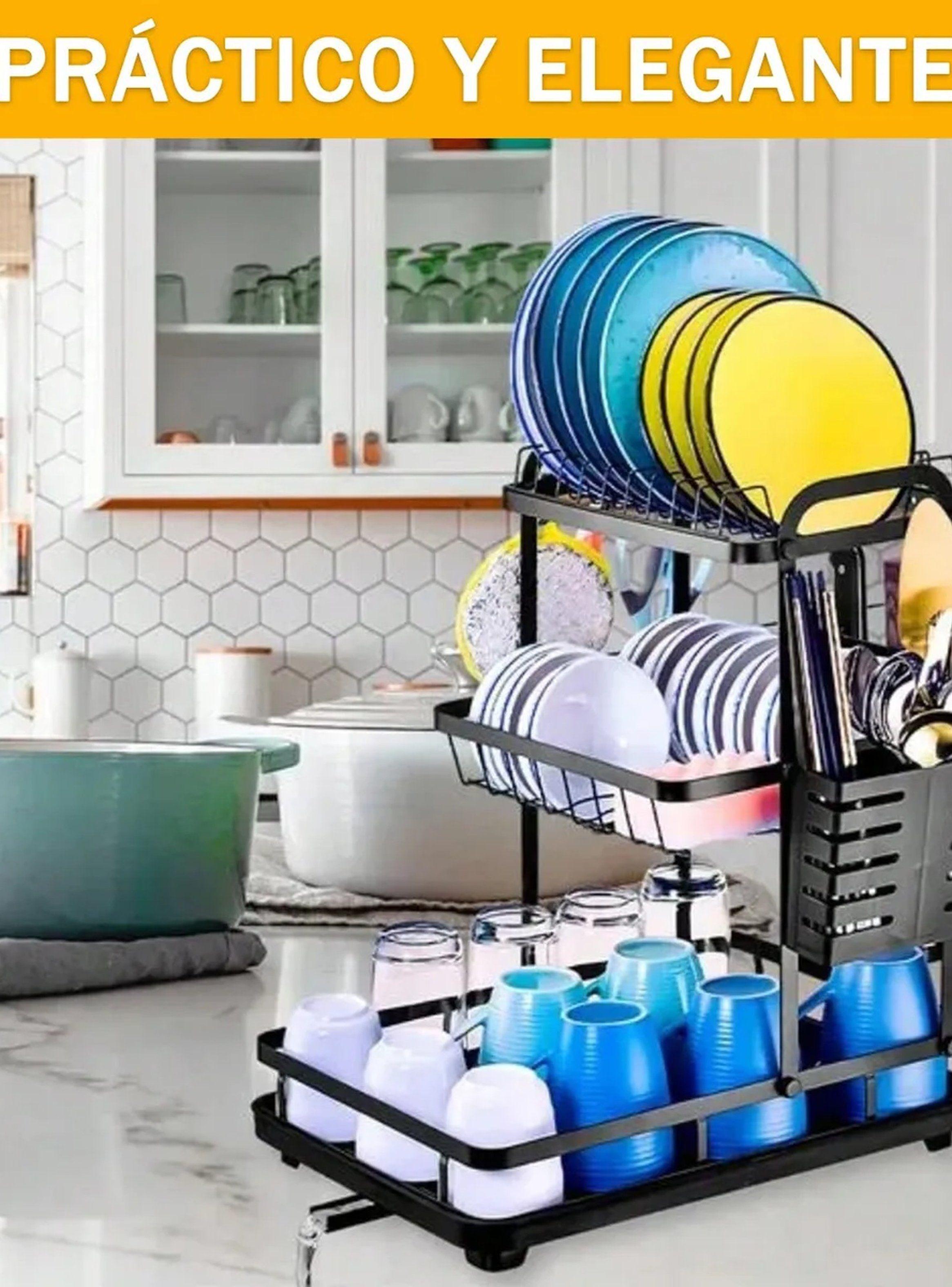 Escurreplatos de Metal Negro Multifuncional 2 Niveles Aptos Cocina-3