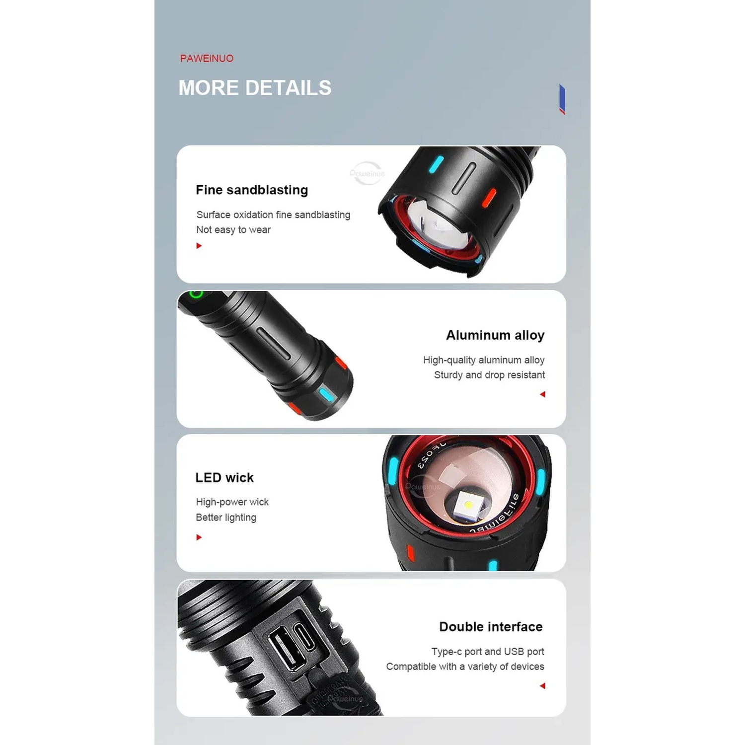 Linterna LED Recargable IPX6 Impermeable 5 Modos USB Tipo-C-5