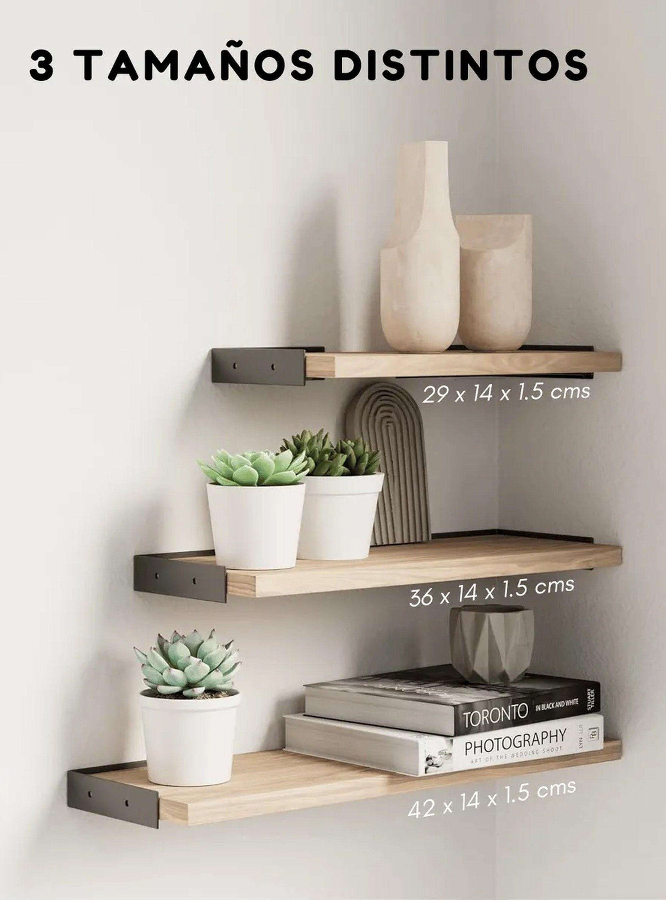 Estantes Flotantes de Madera con Soportes de Metal Negro 3 Tamaños-2