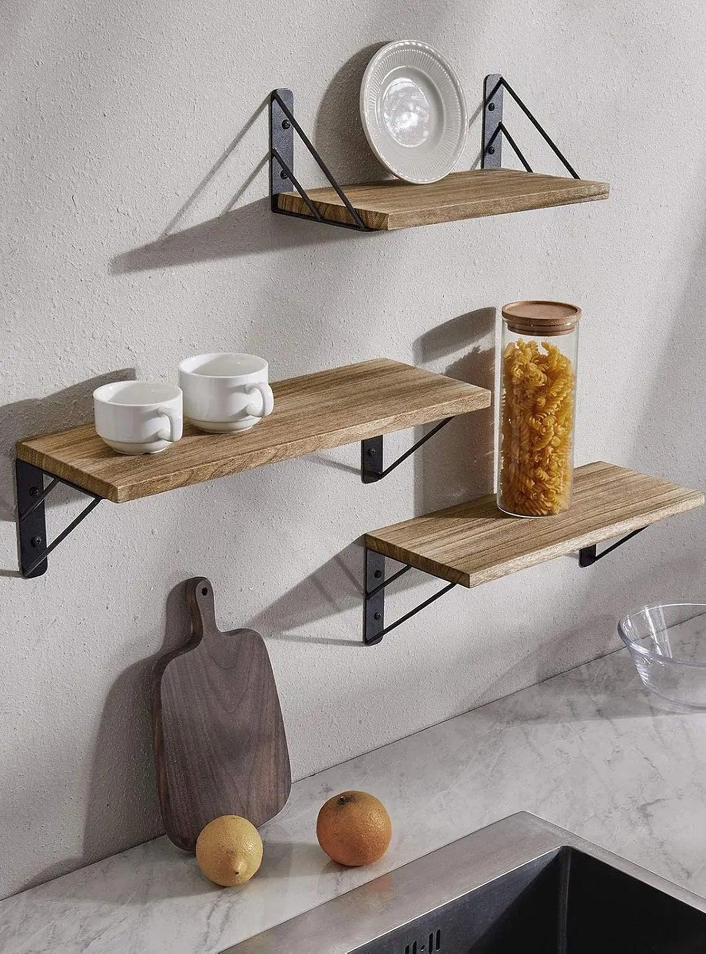 Estantes Flotantes de Madera con Soportes de Metal Negro 3 Tamaños-3
