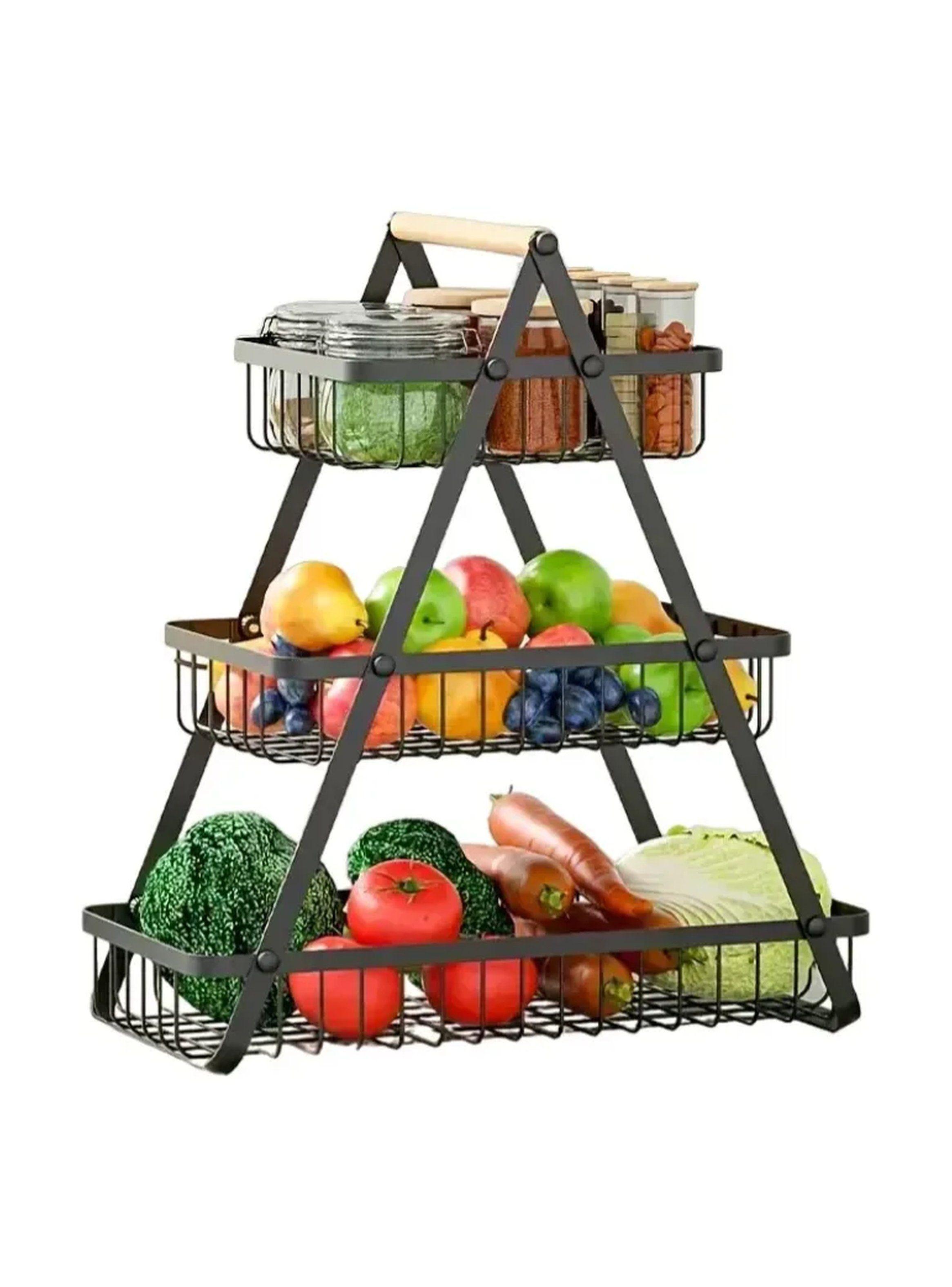 Estante Frutero de 3 Niveles Metálico Negro con Asa de Madera-0