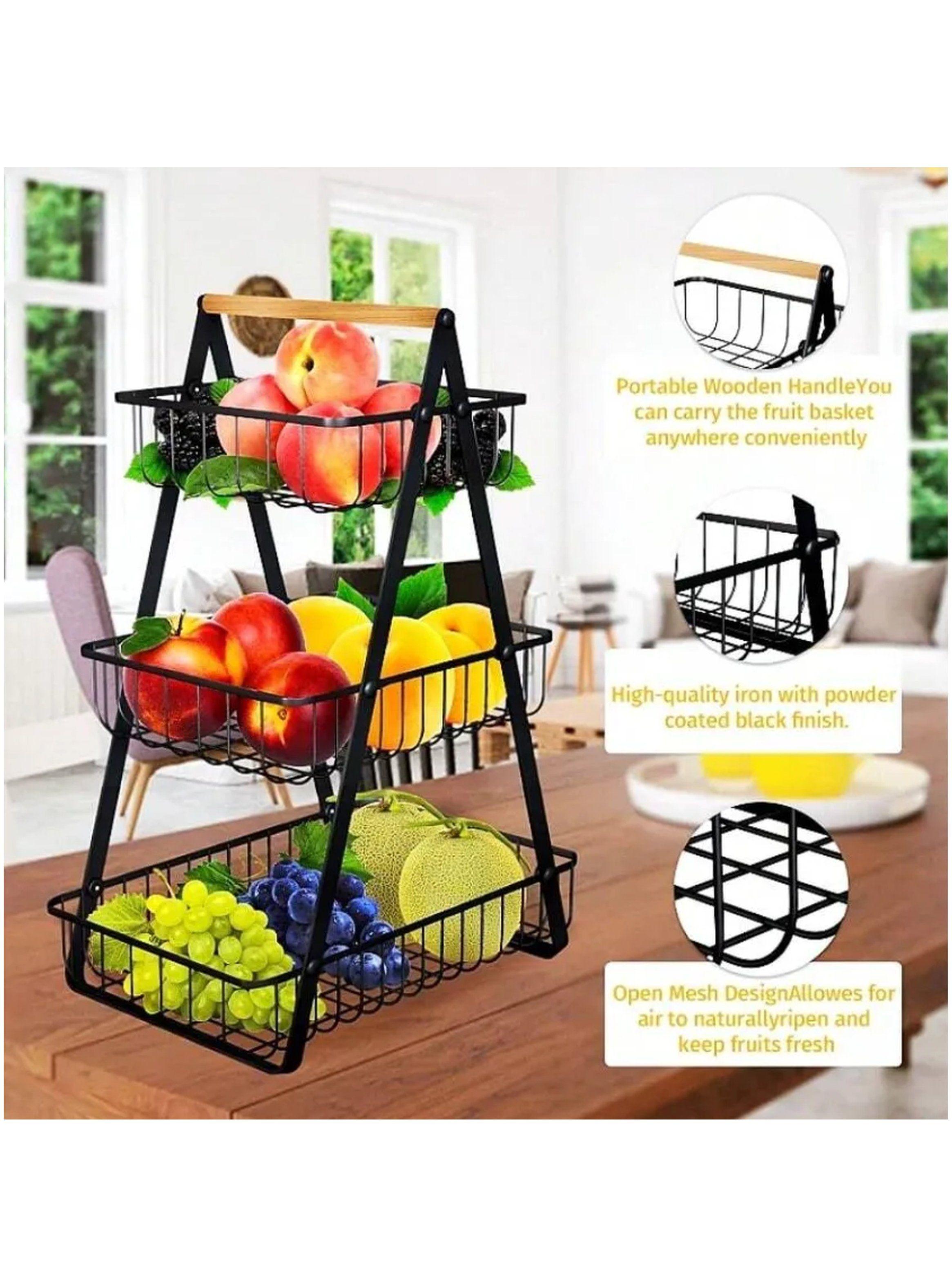 Estante Frutero de 3 Niveles Metálico Negro con Asa de Madera-1