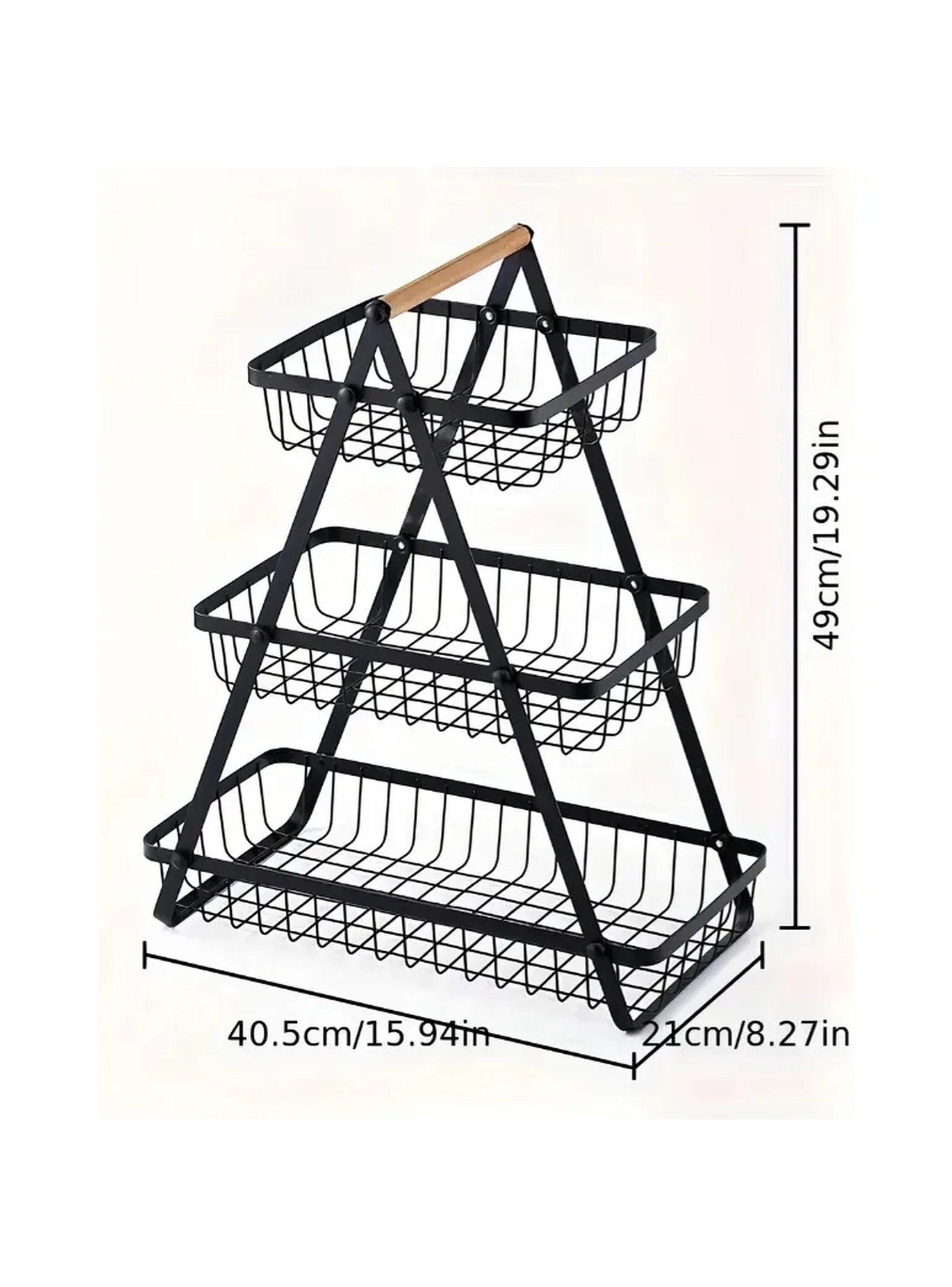 Estante Frutero de 3 Niveles Metálico Negro con Asa de Madera-2