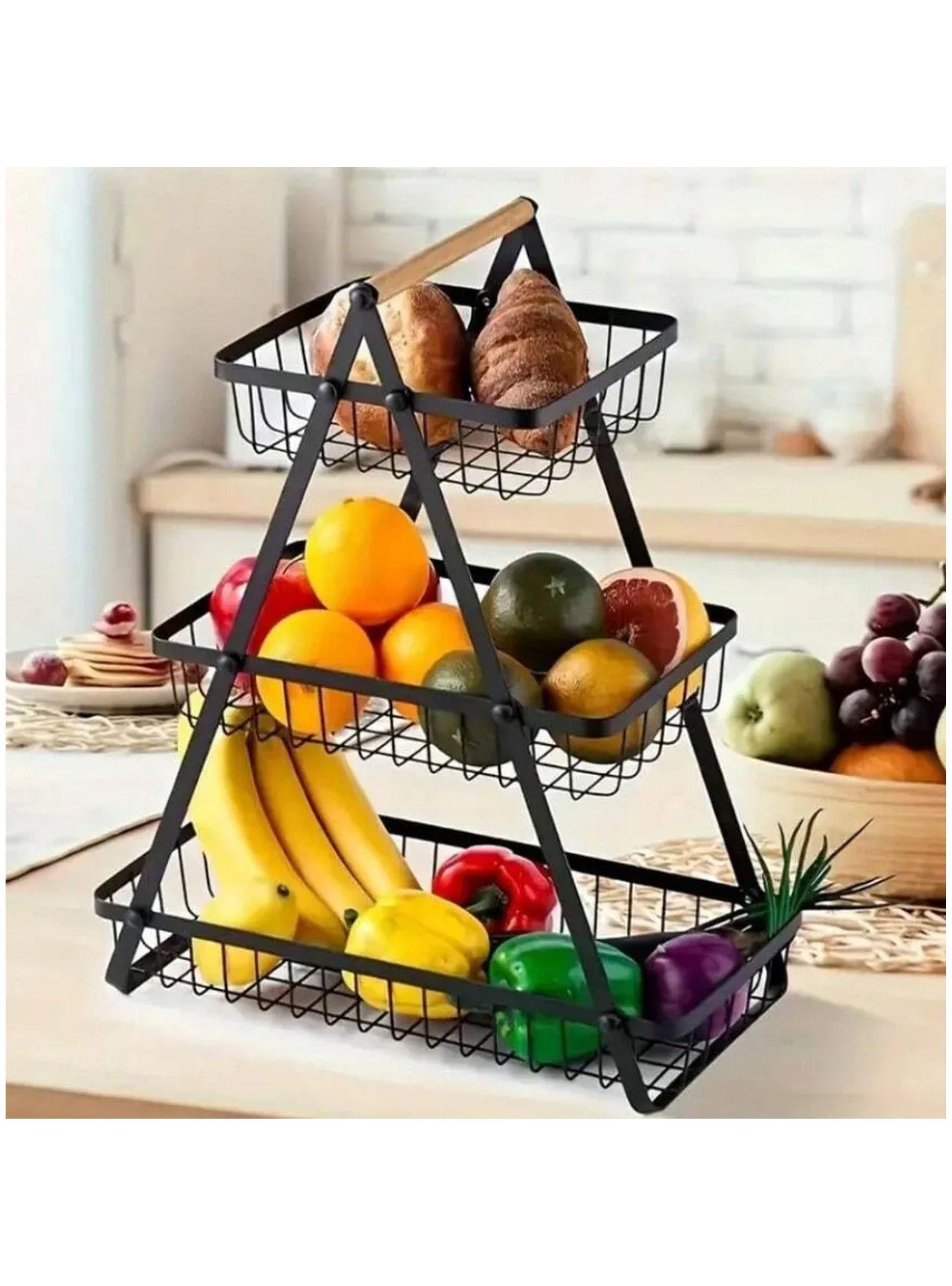 Estante Frutero de 3 Niveles Metálico Negro con Asa de Madera-3