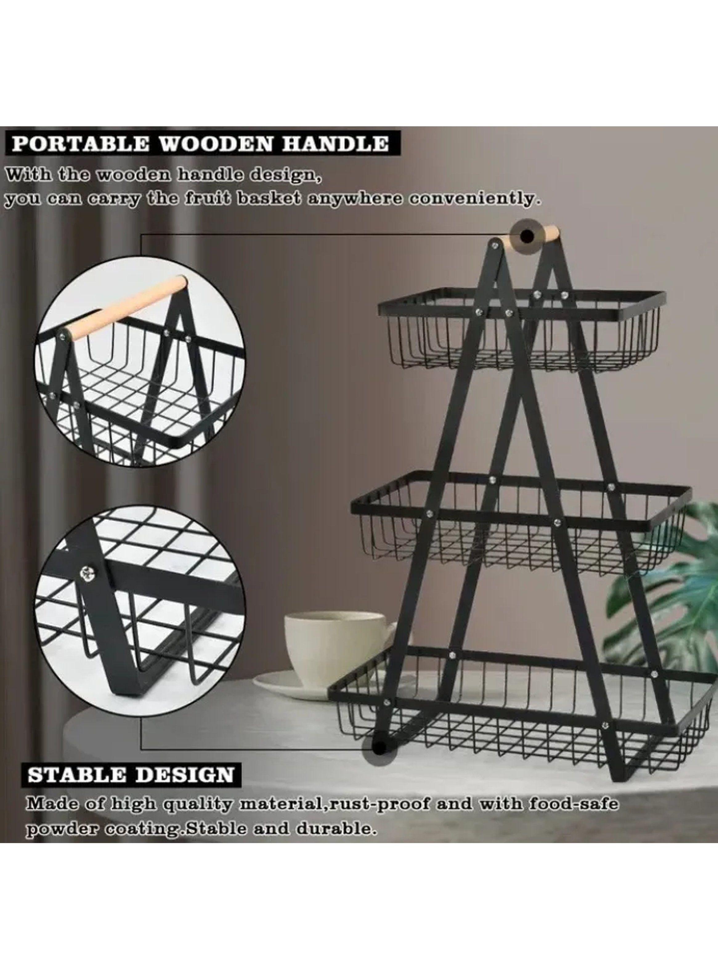 Estante Frutero de 3 Niveles Metálico Negro con Asa de Madera-4