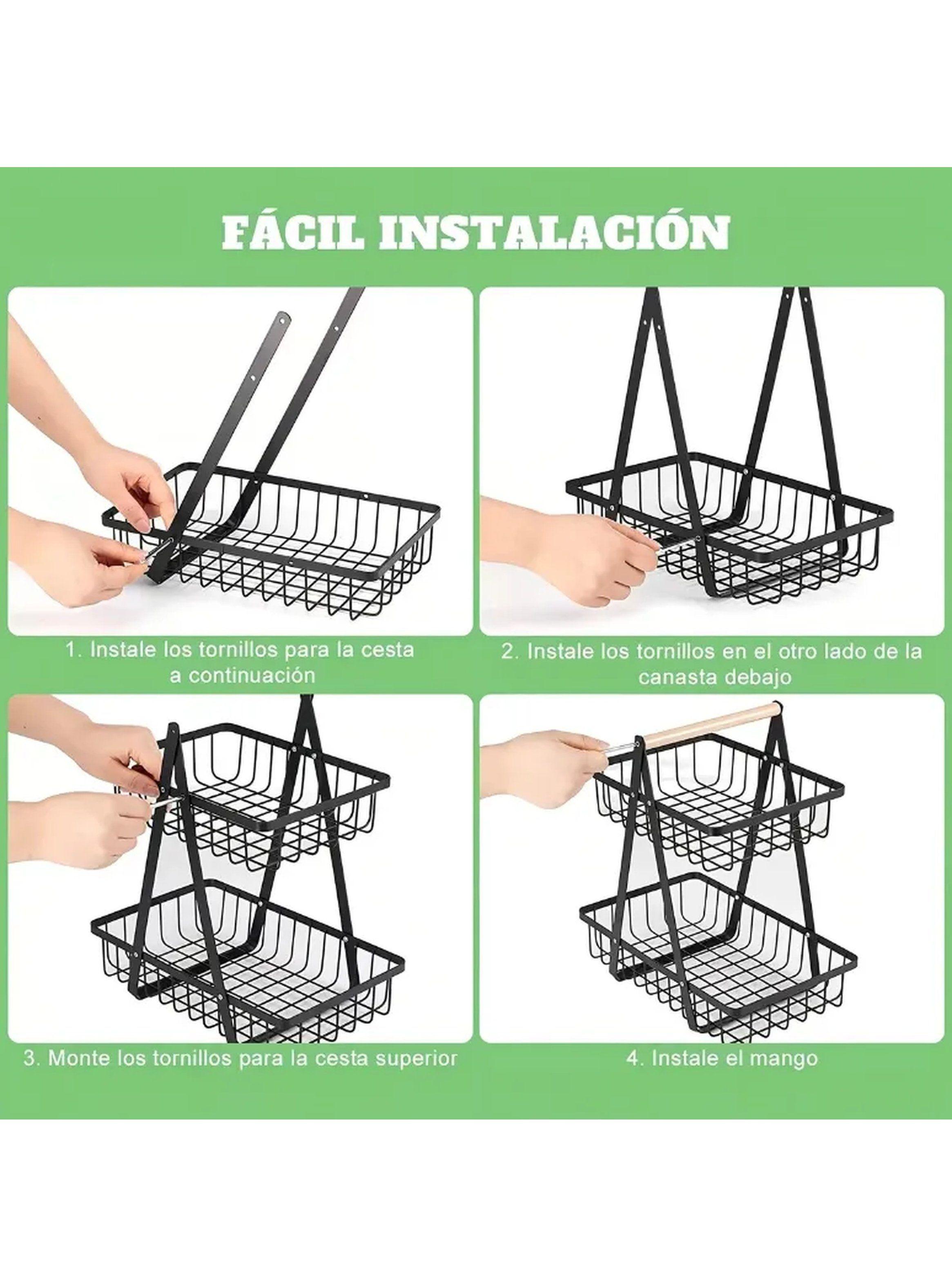 Estante Frutero de 3 Niveles Metálico Negro con Asa de Madera-5