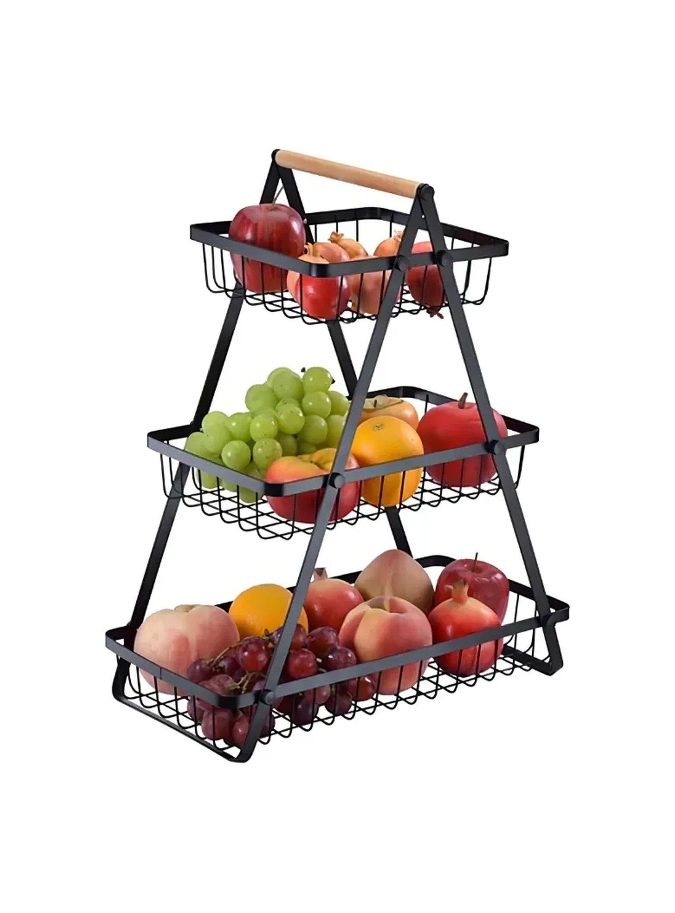 Estante Frutero de 3 Niveles Metálico Negro con Asa de Madera-6