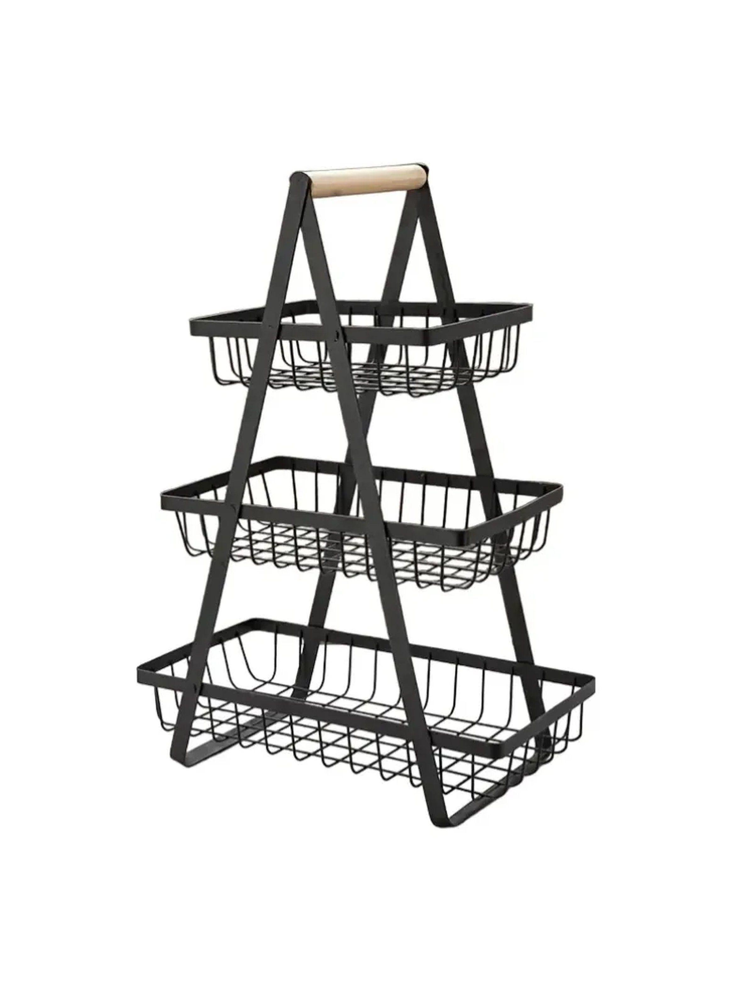 Estante Frutero de 3 Niveles Metálico Negro con Asa de Madera-7