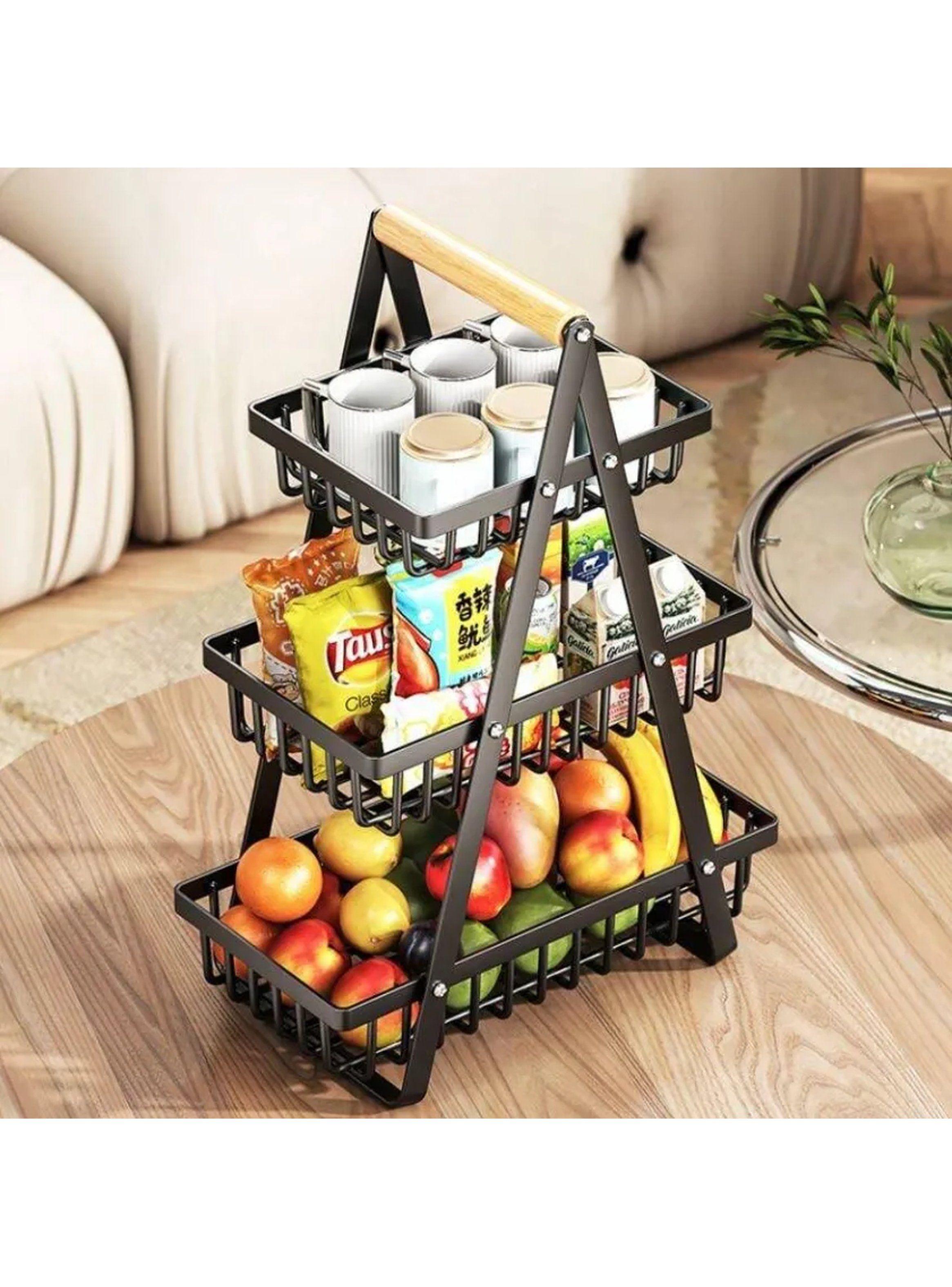 Estante Frutero de 3 Niveles Metálico Negro con Asa de Madera-8