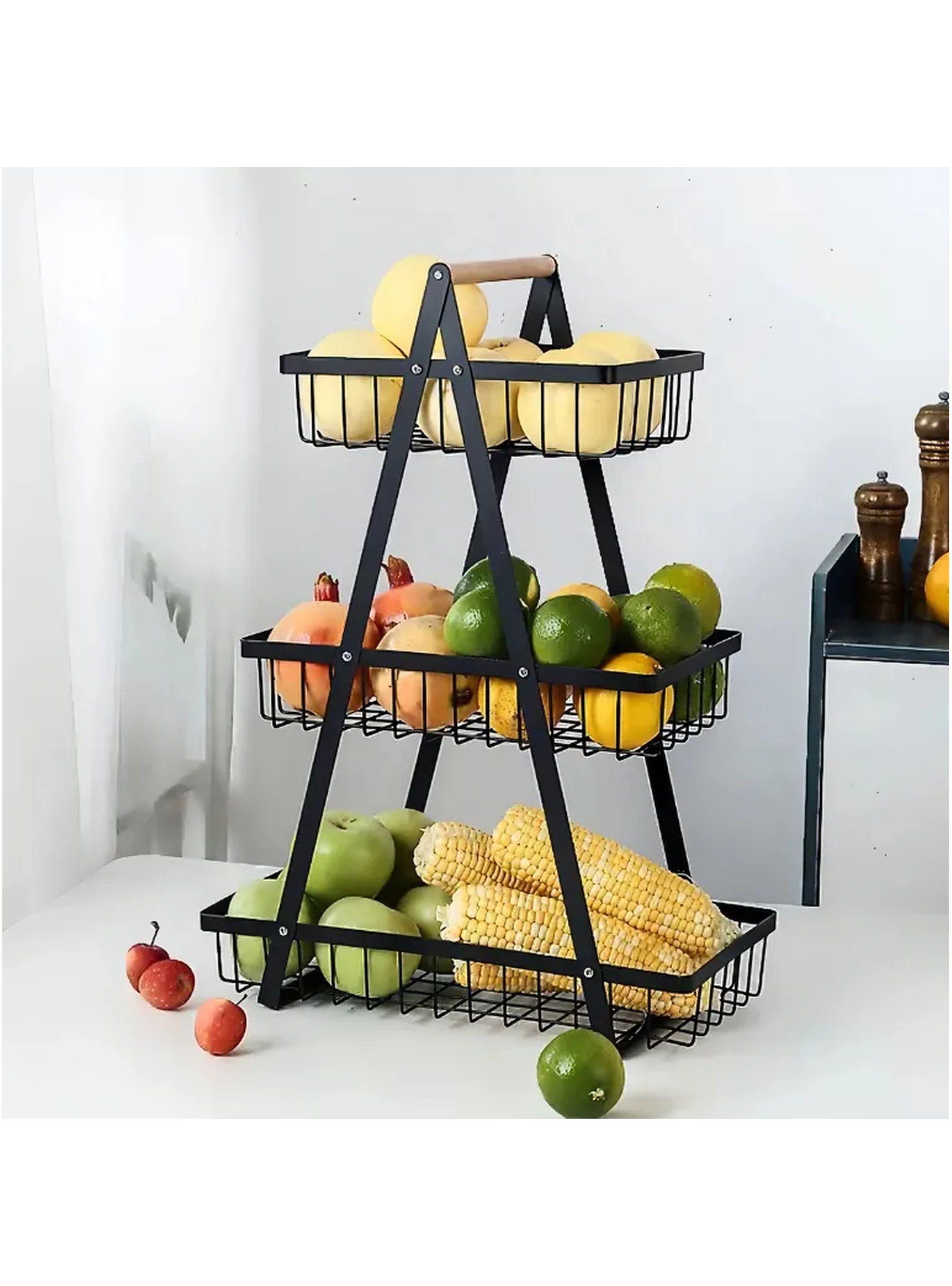 Estante Frutero de 3 Niveles Metálico Negro con Asa de Madera-9