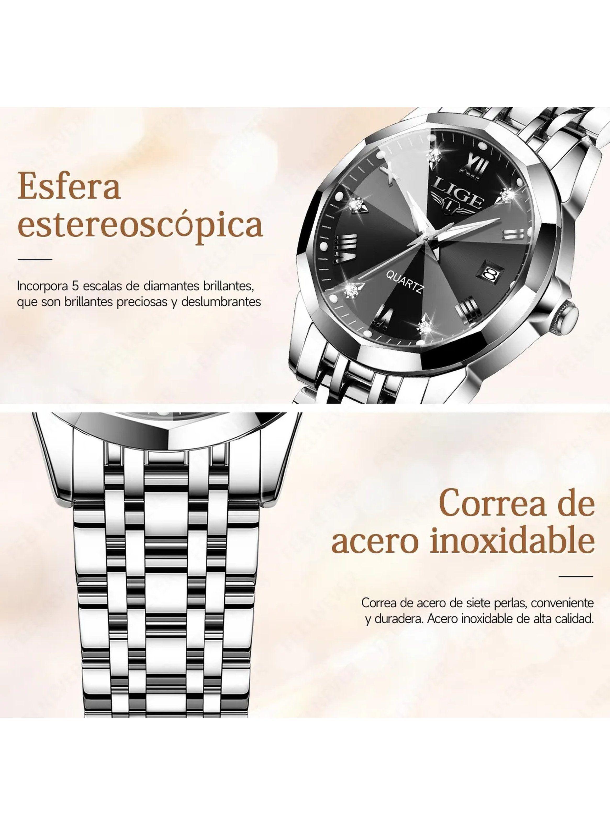 Reloj Pulsera Mujer Acero Inoxidable Esfera Negra Quartz-5
