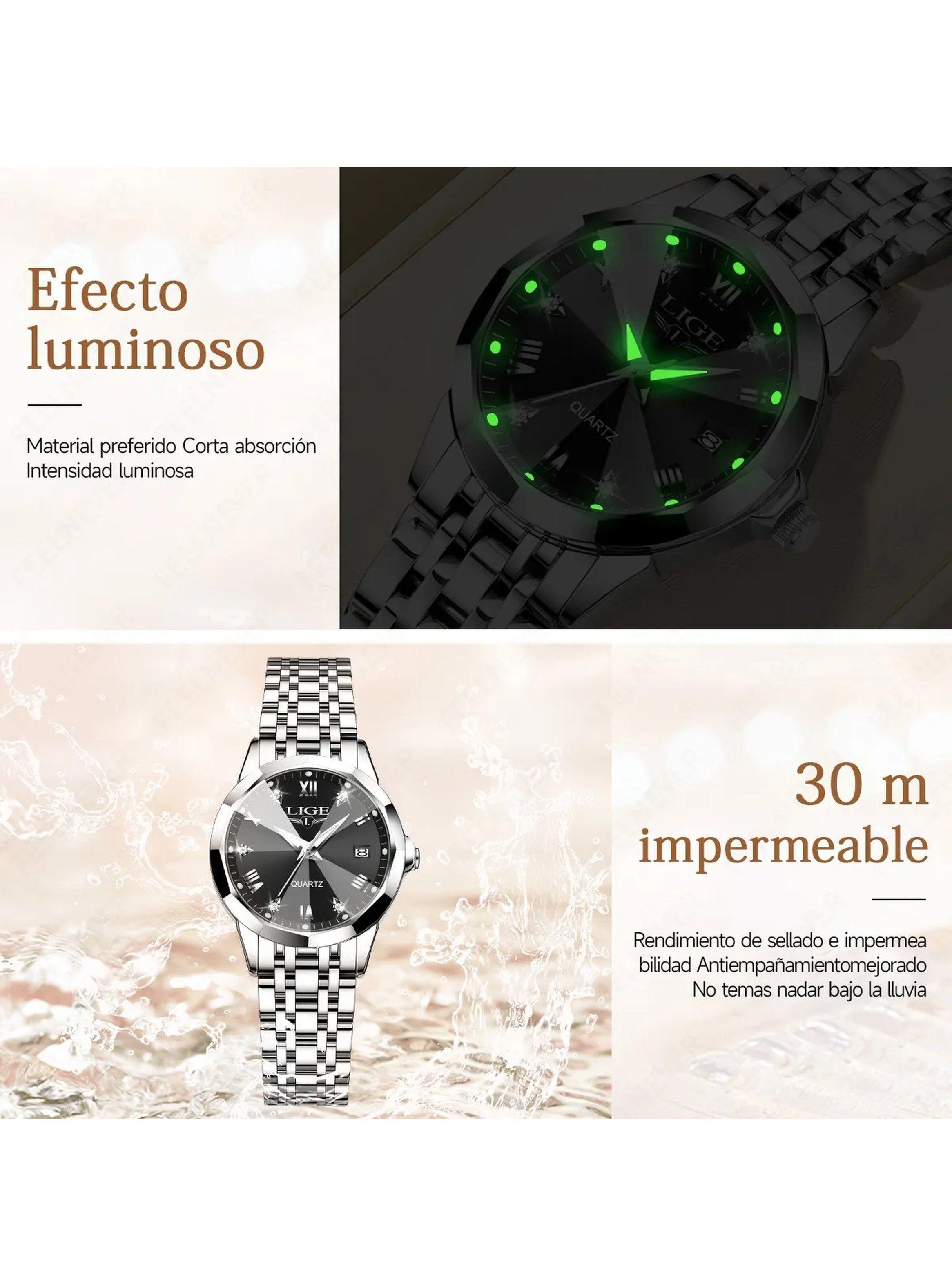 Reloj Pulsera Mujer Acero Inoxidable Esfera Negra Quartz-6