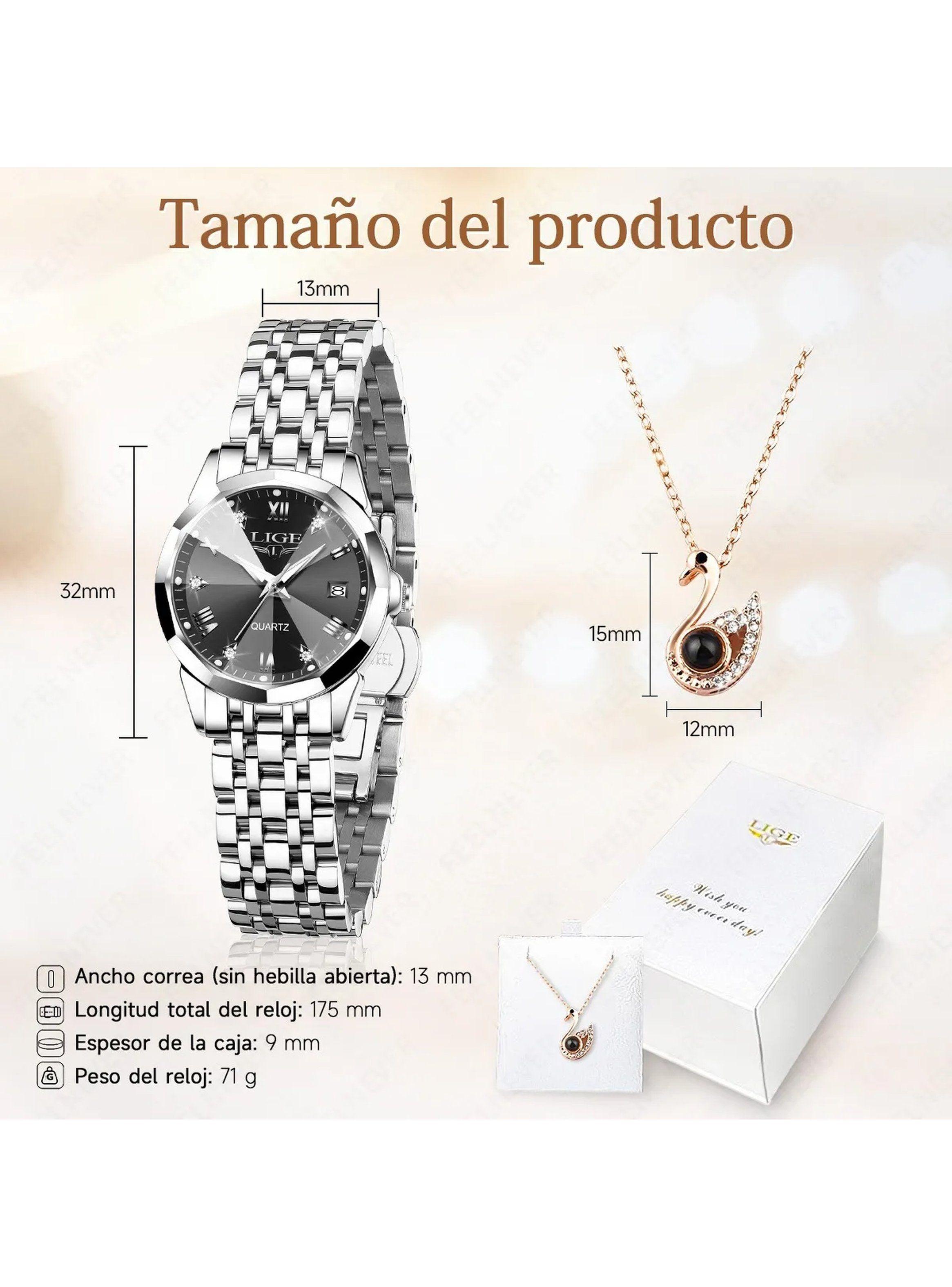 Reloj Pulsera Mujer Acero Inoxidable Esfera Negra Quartz-7