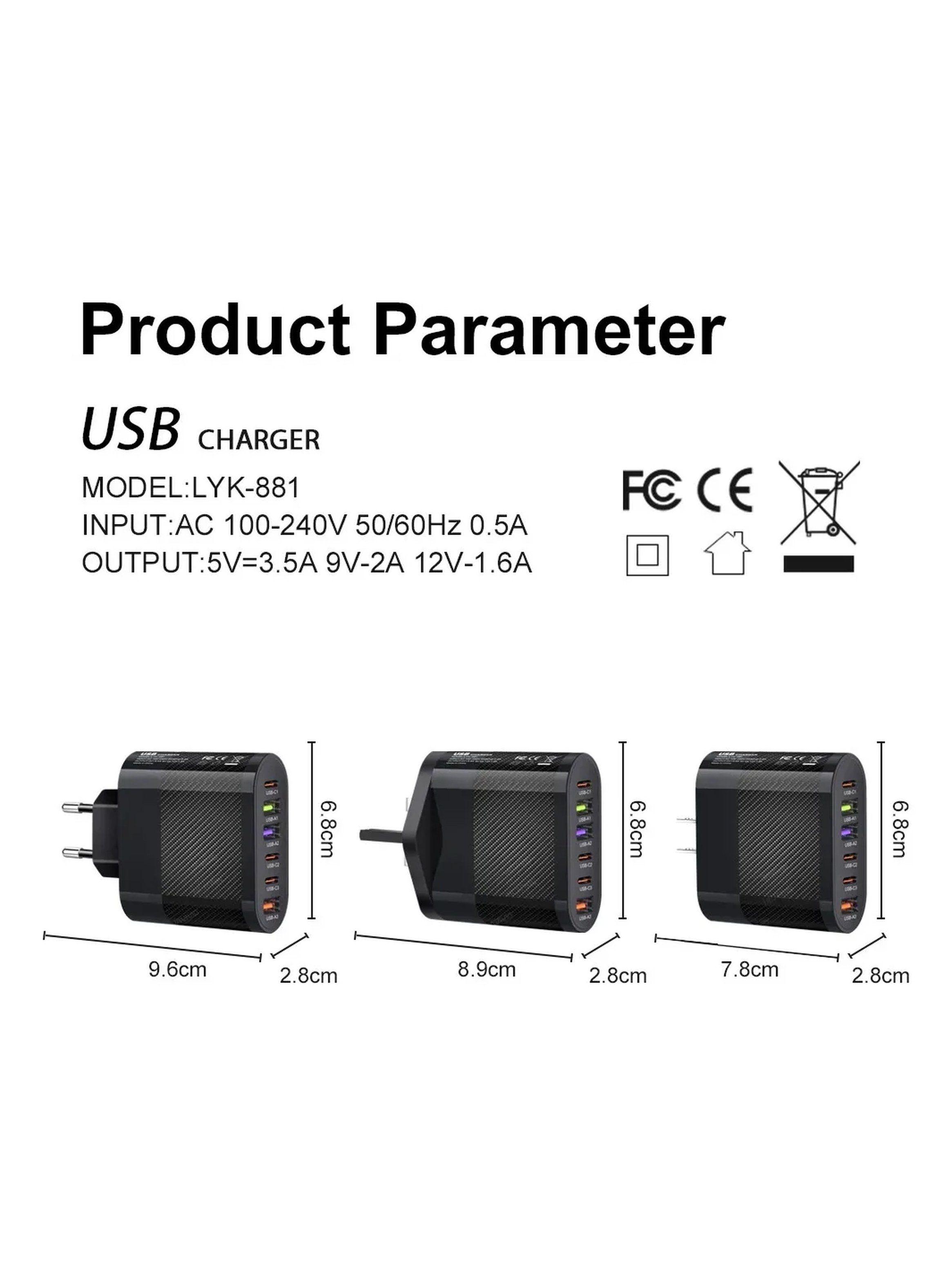 Cargador USB de Pared 65W 6 Puertos Carga Rápida-4