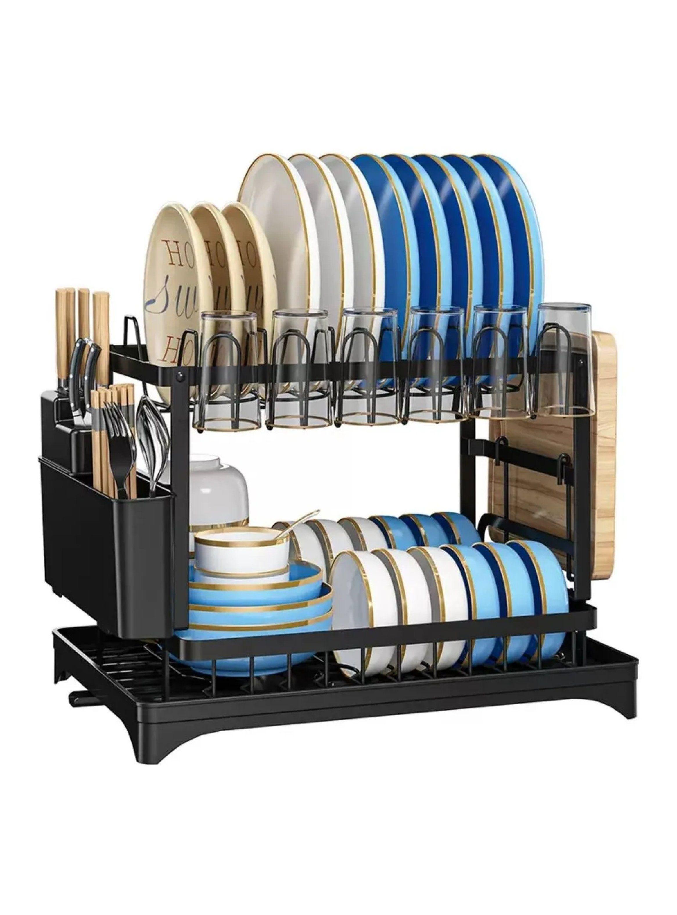 Escurridor de Platos de 2 Niveles con Bandeja de Drenaje Acero Negro-0