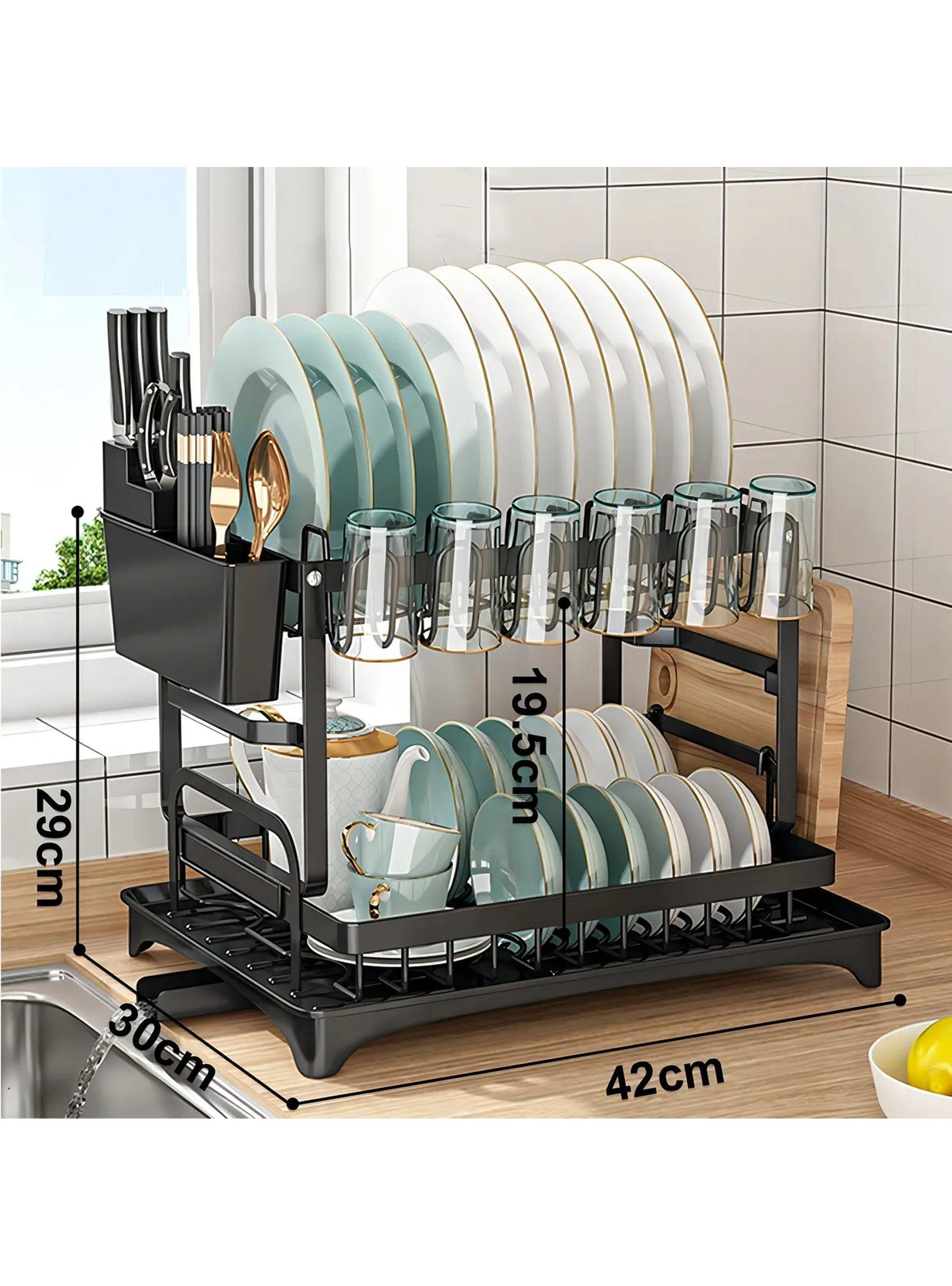 Escurridor de Platos de 2 Niveles con Bandeja de Drenaje Acero Negro-1