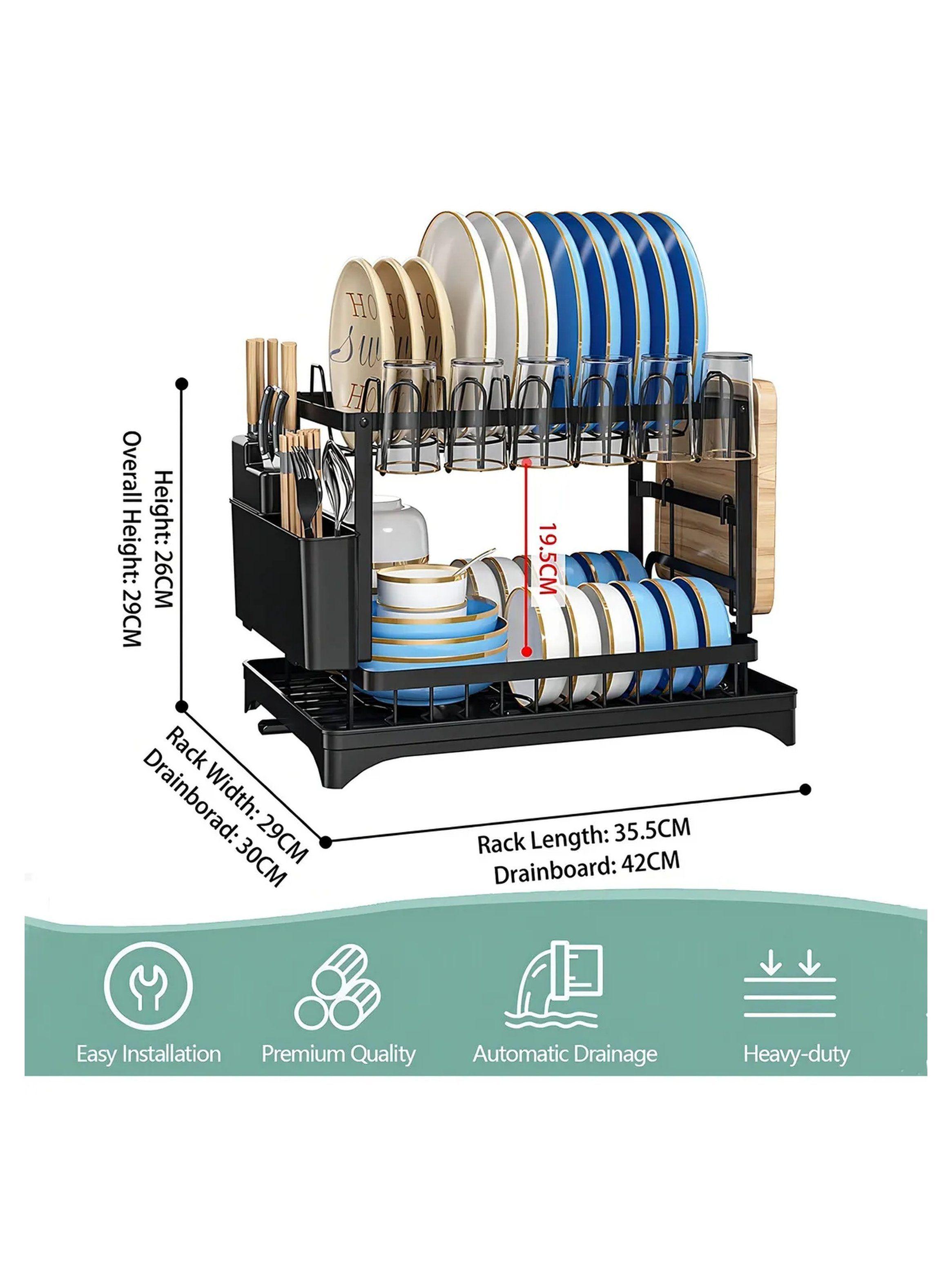 Escurridor de Platos de 2 Niveles con Bandeja de Drenaje Acero Negro-2