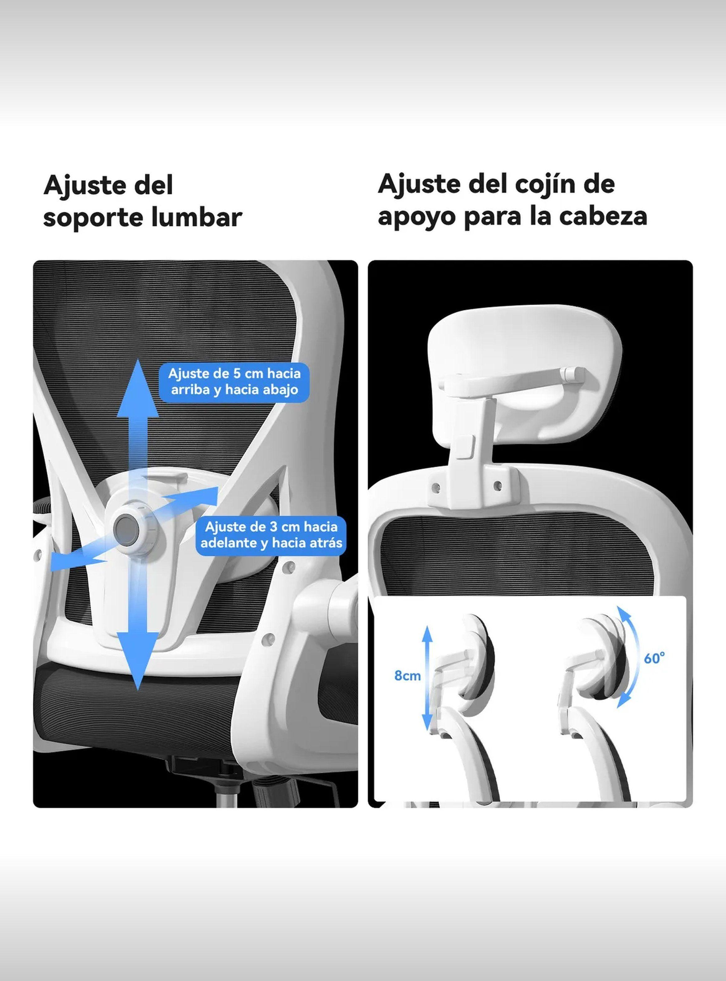 Silla de Oficina Ergonómica Ajustable Respaldo Lumbar y Cabezal Blanco-1
