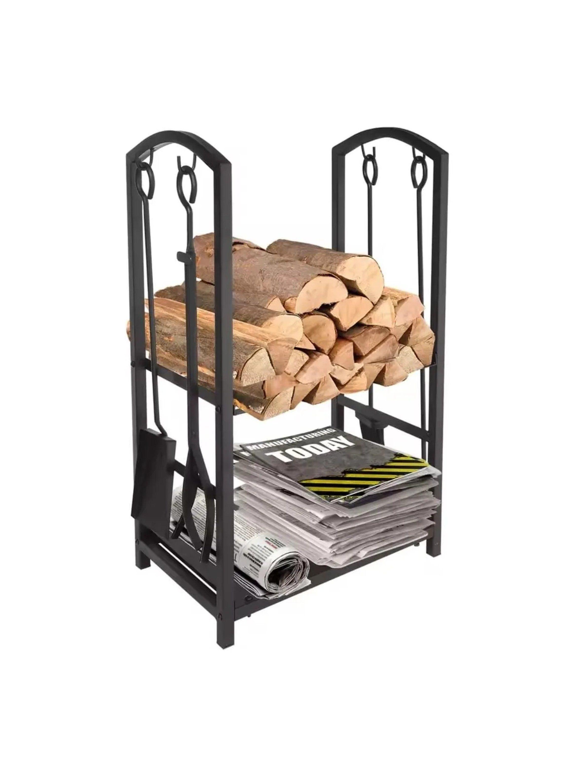 Estante de Leña de Metal Negro con Herramientas Ajustables 2 Niveles-0