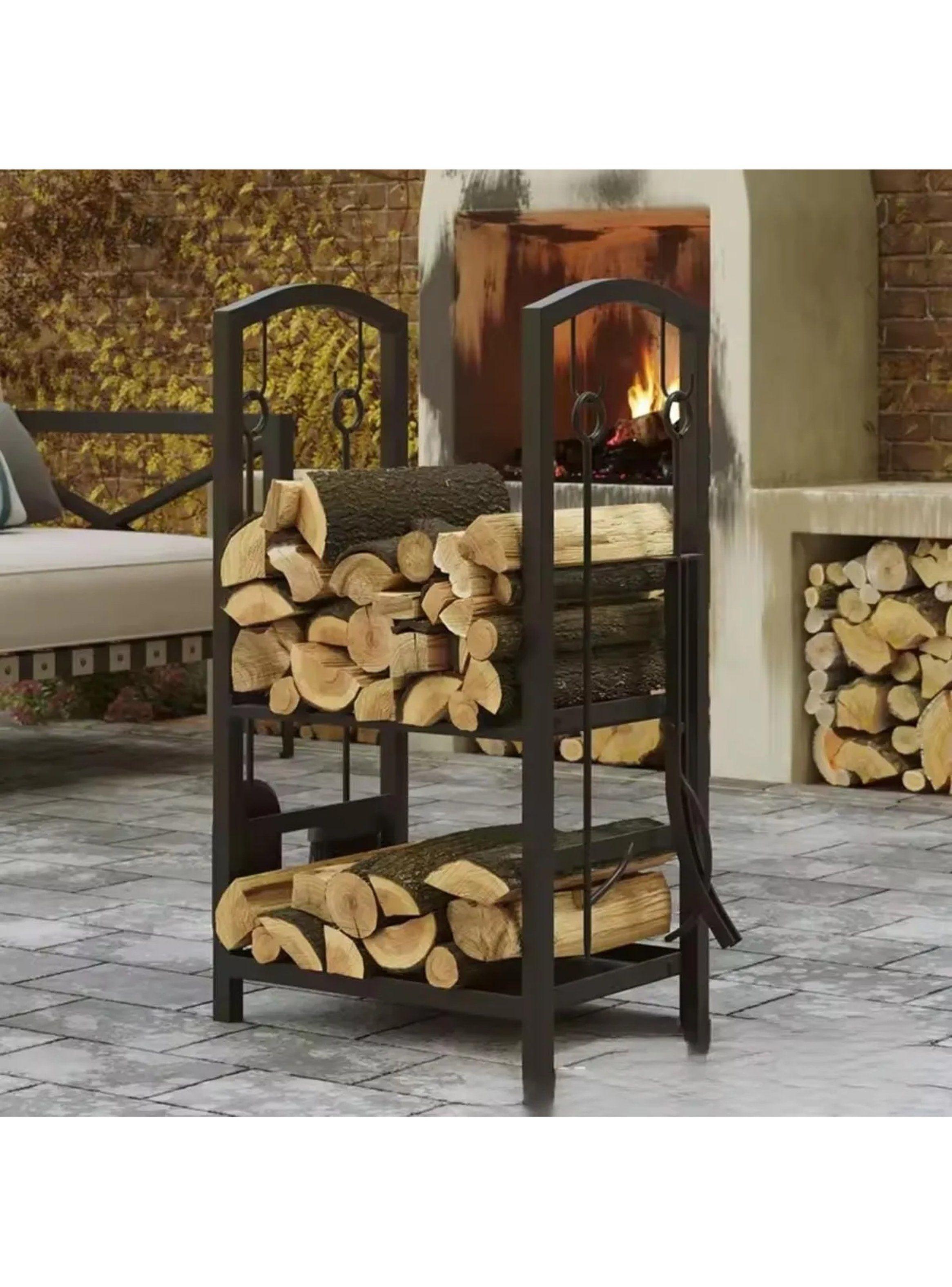 Estante de Leña de Metal Negro con Herramientas Ajustables 2 Niveles-1