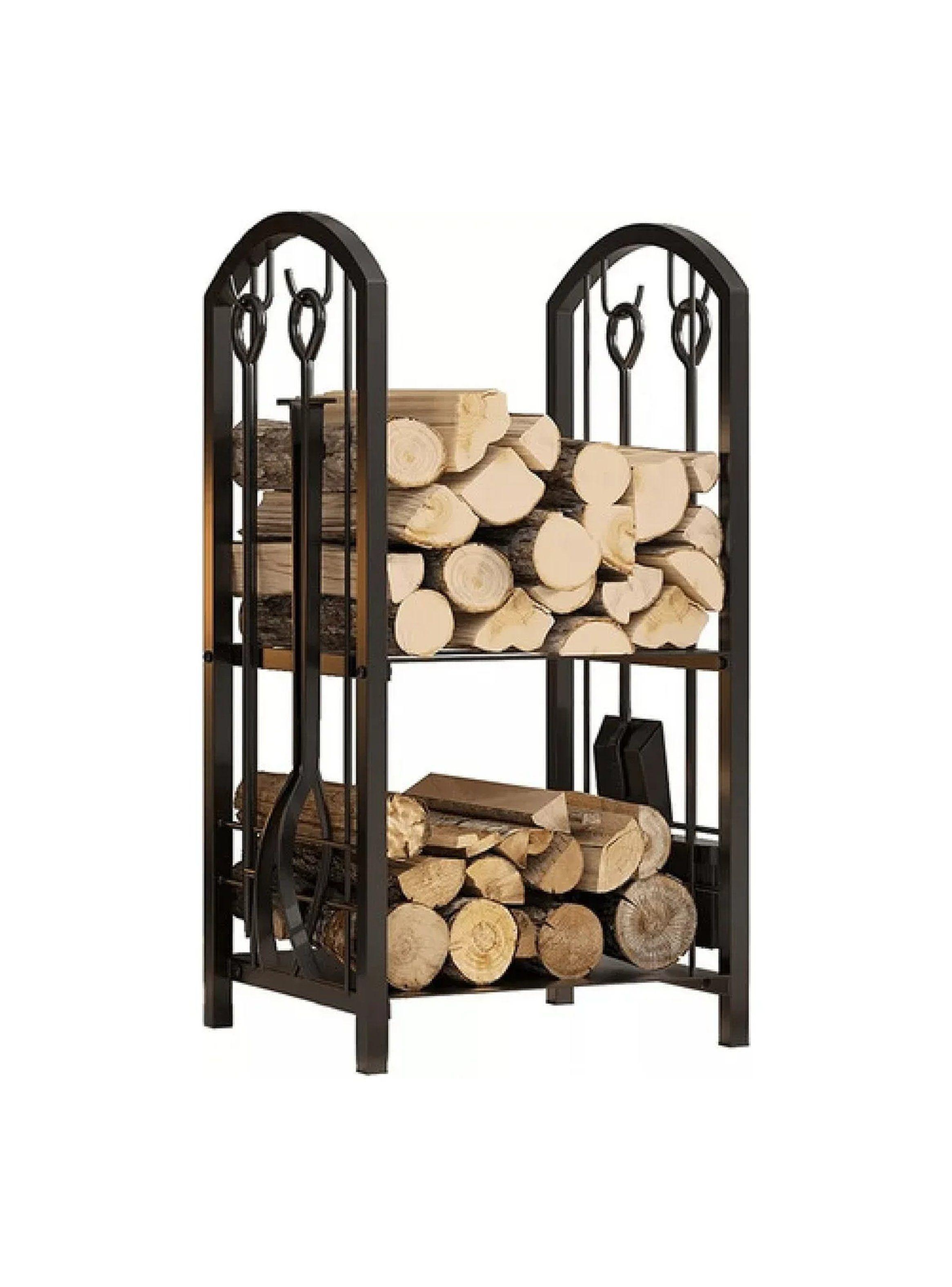 Estante de Leña de Metal Negro con Herramientas Ajustables 2 Niveles-2