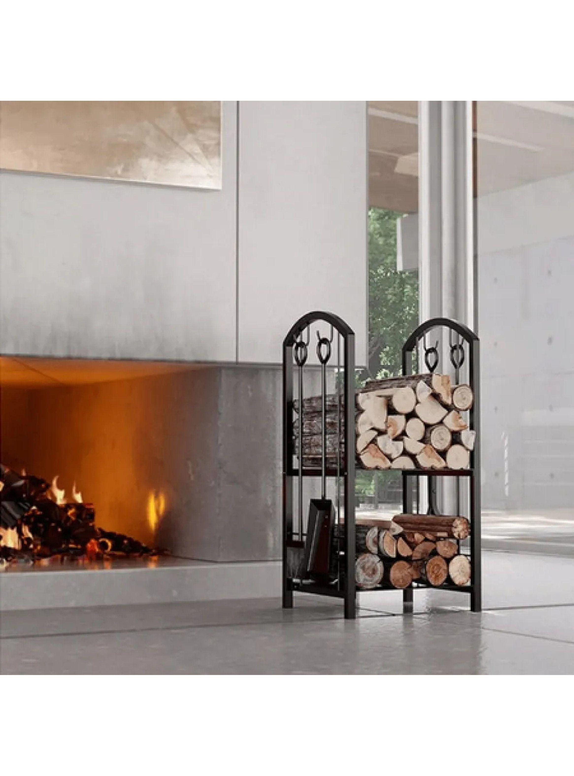 Estante de Leña de Metal Negro con Herramientas Ajustables 2 Niveles-3