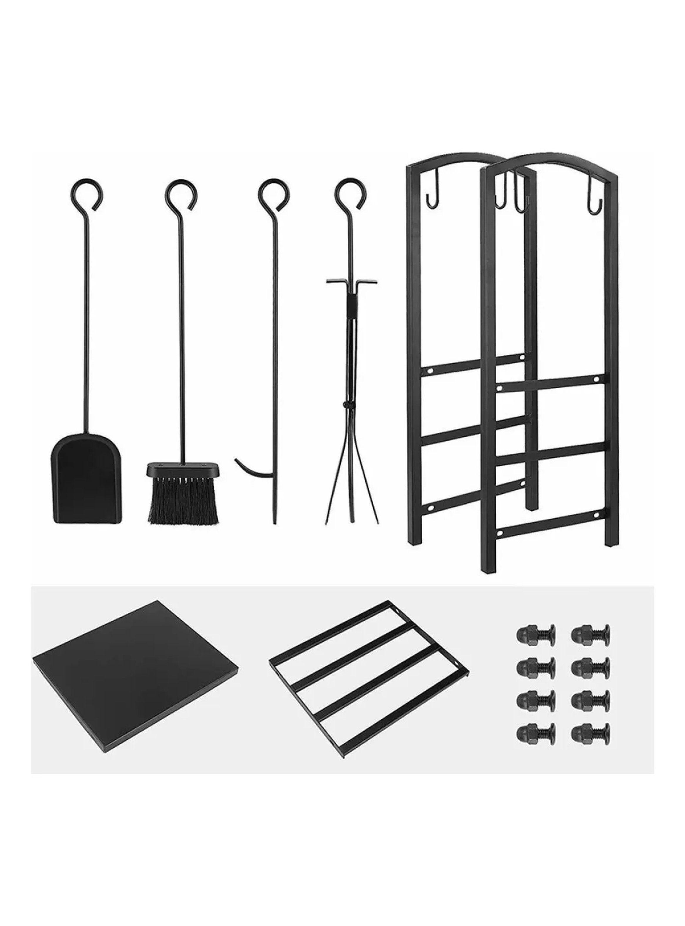 Estante de Leña de Metal Negro con Herramientas Ajustables 2 Niveles-5