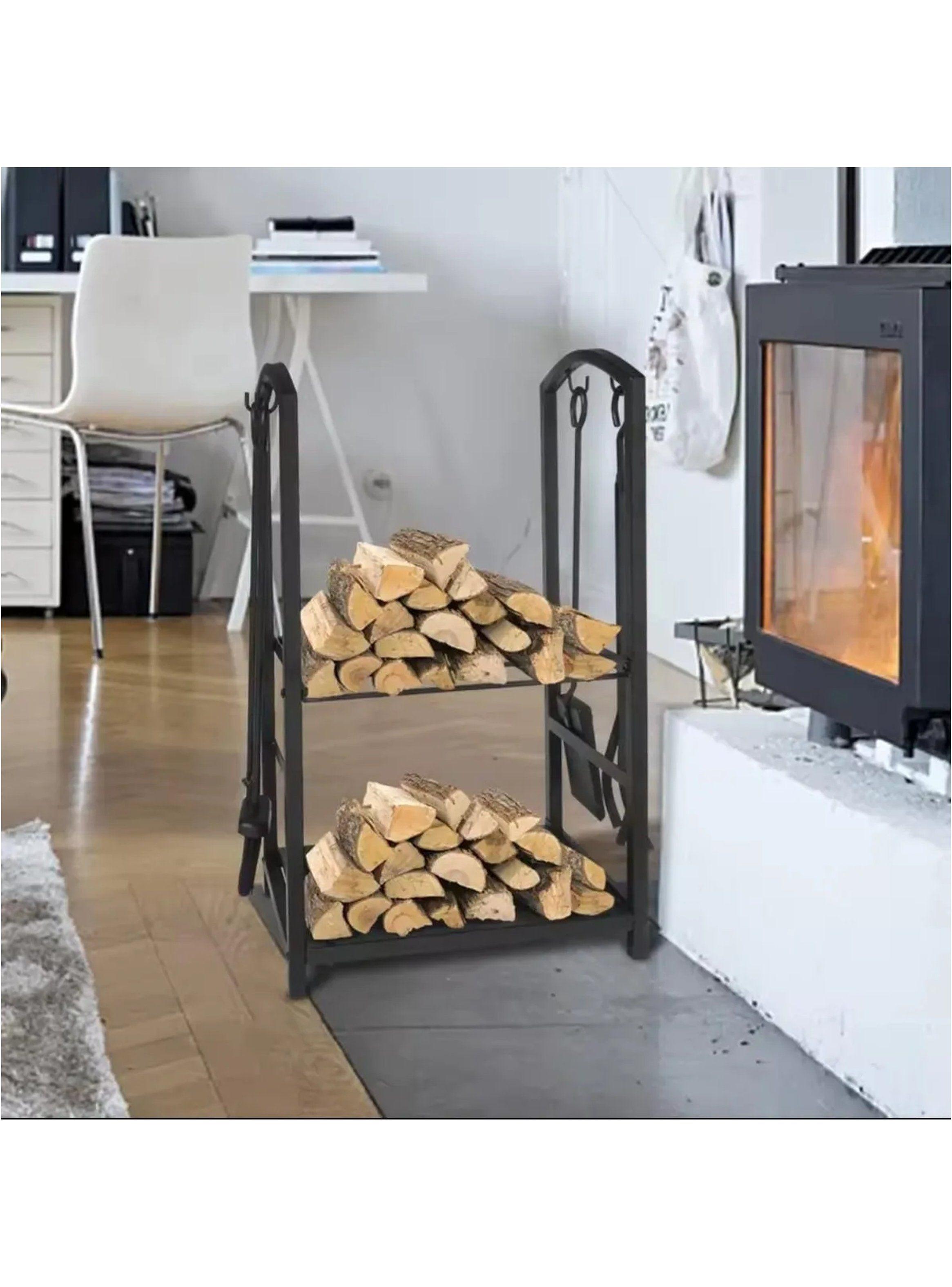 Estante de Leña de Metal Negro con Herramientas Ajustables 2 Niveles-6