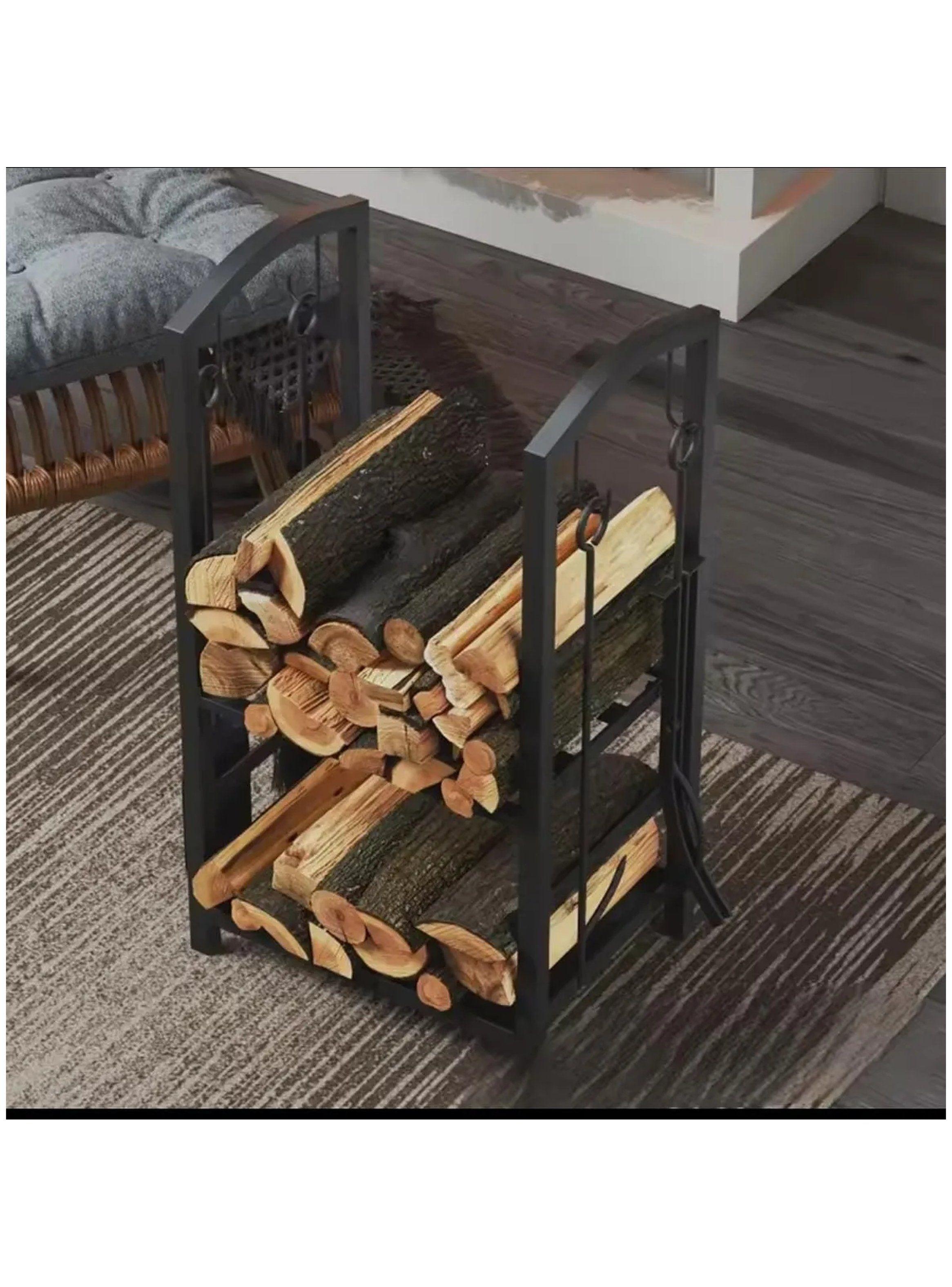 Estante de Leña de Metal Negro con Herramientas Ajustables 2 Niveles-7