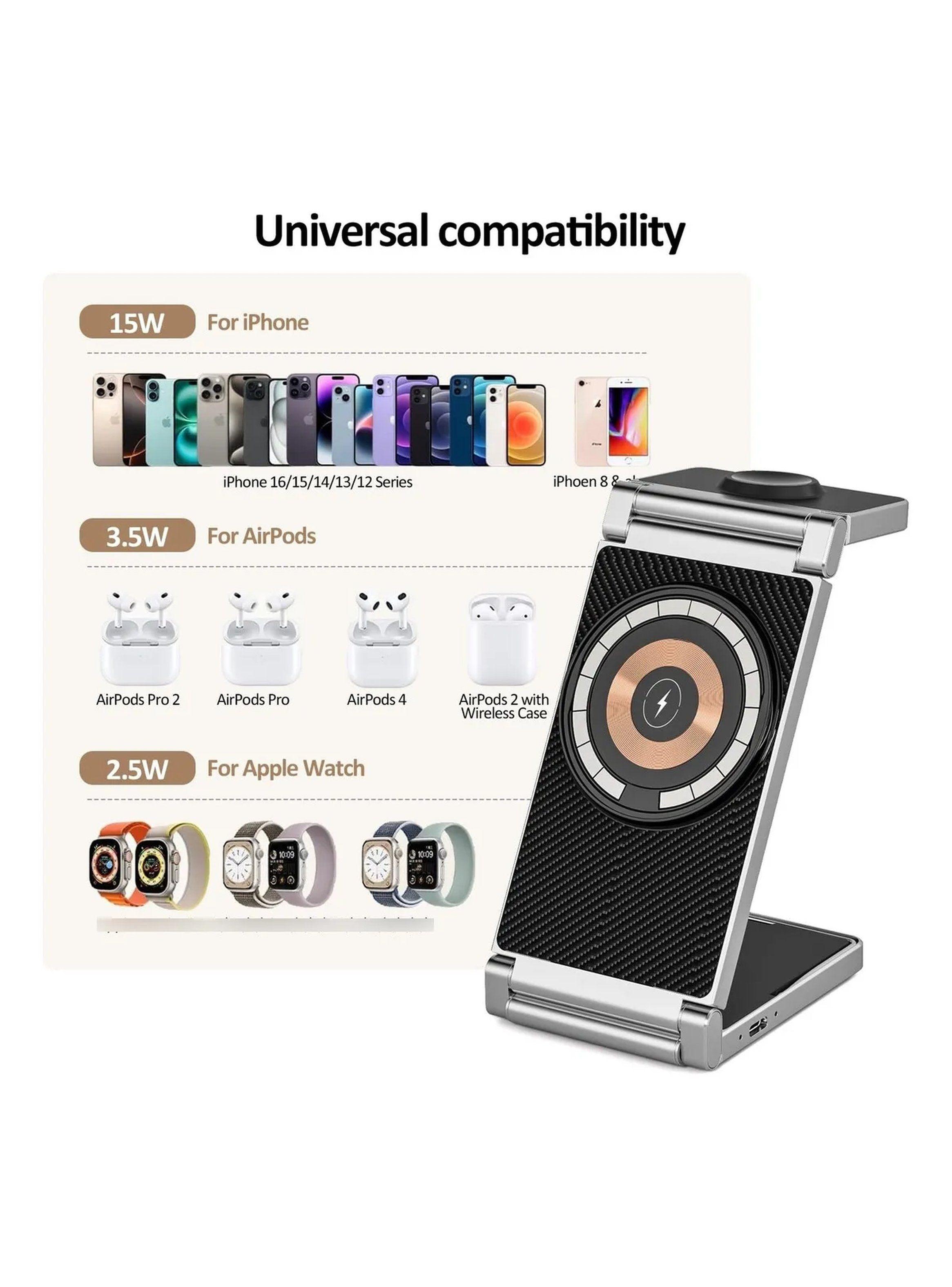 Cargador Inalámbrico 3 en 1 Plegable Compatible con Smartwatch y Auriculares-3