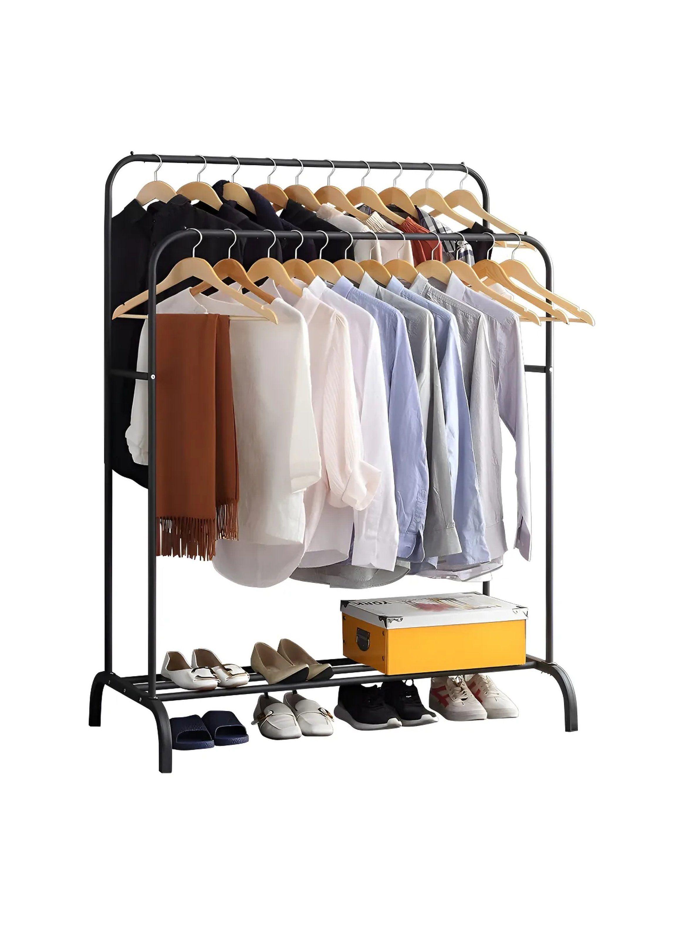 Perchero de Ropa Multifuncional Metal Negro con Estante para Zapatos-0