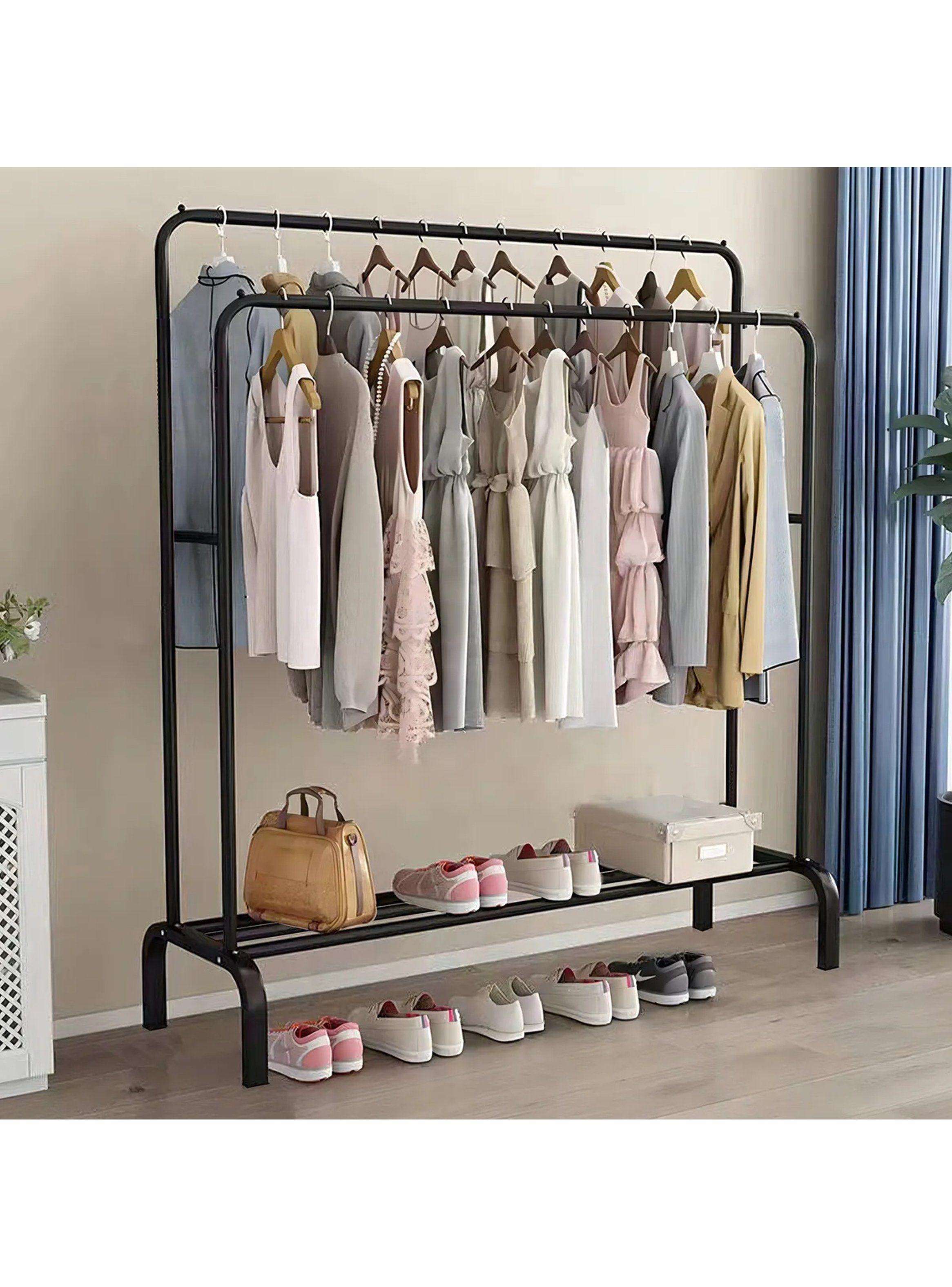 Perchero de Ropa Multifuncional Metal Negro con Estante para Zapatos-2