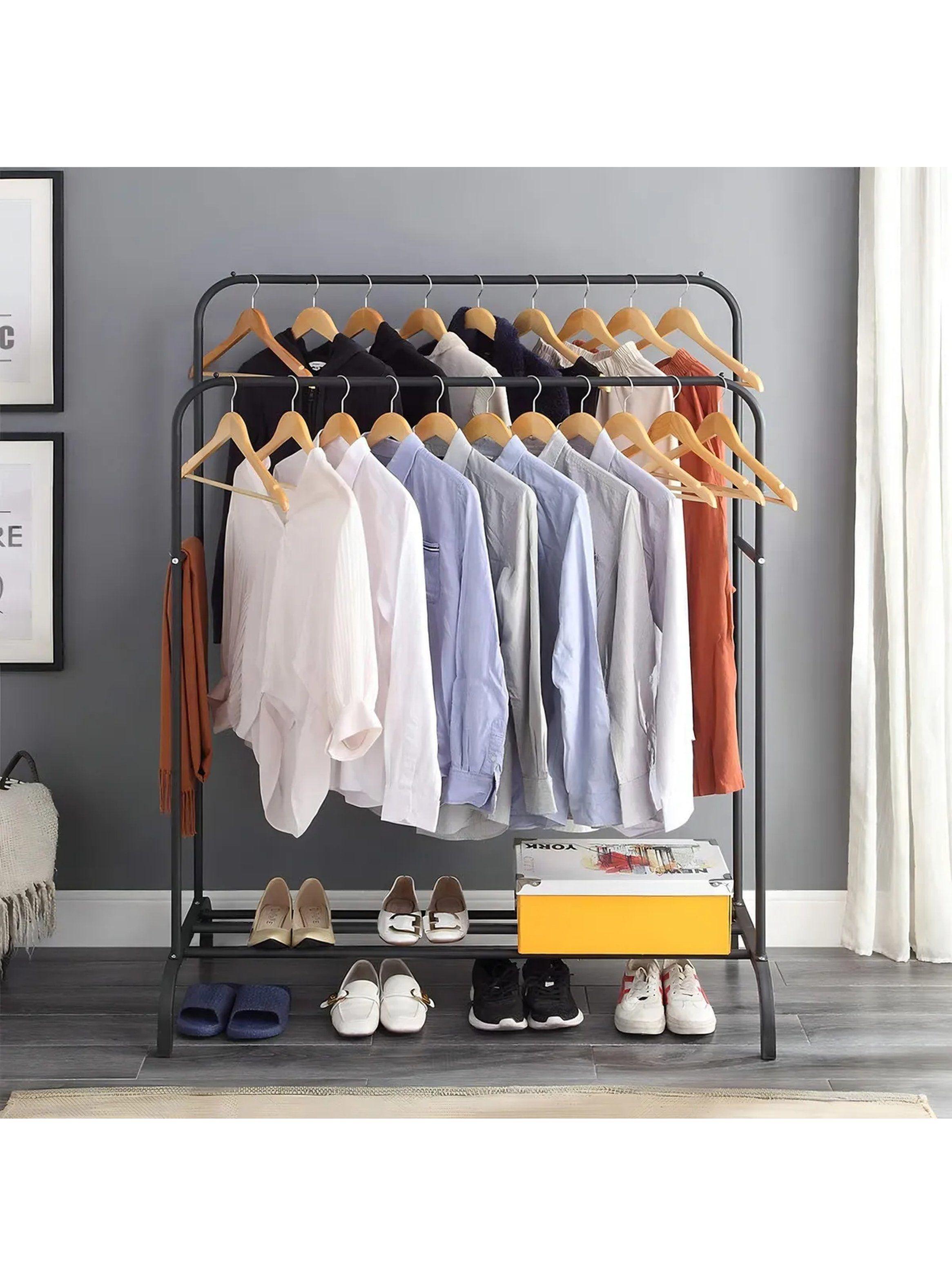 Perchero de Ropa Multifuncional Metal Negro con Estante para Zapatos-4