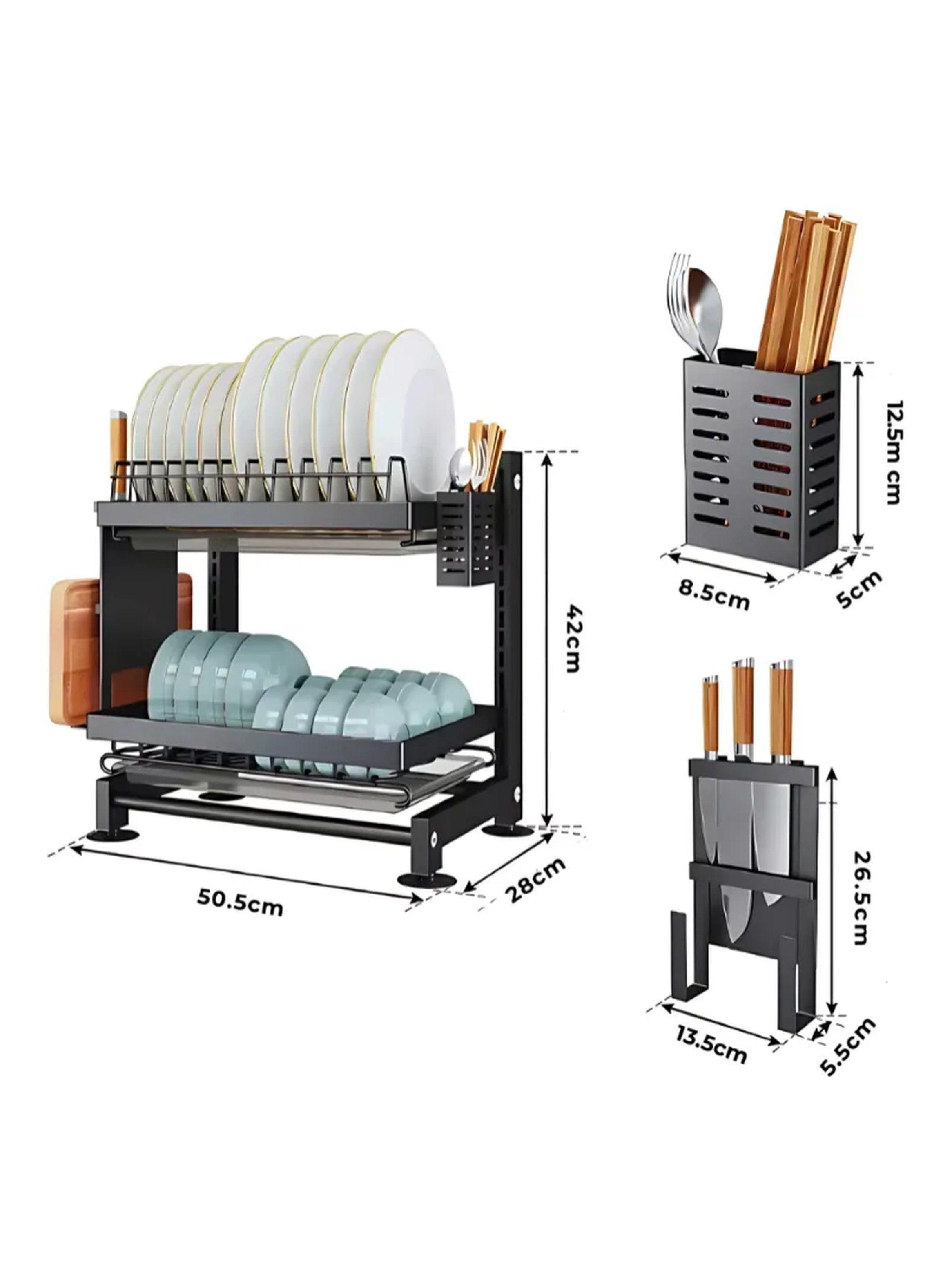 Escurridor de Platos de Cocina de 2 Niveles con Compartimentos Organizador Negro-1