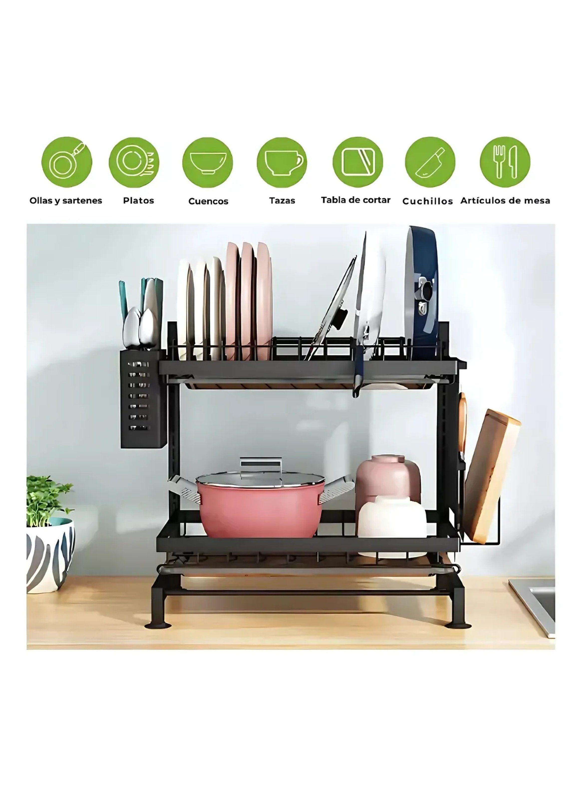 Escurridor de Platos de Cocina de 2 Niveles con Compartimentos Organizador Negro-2