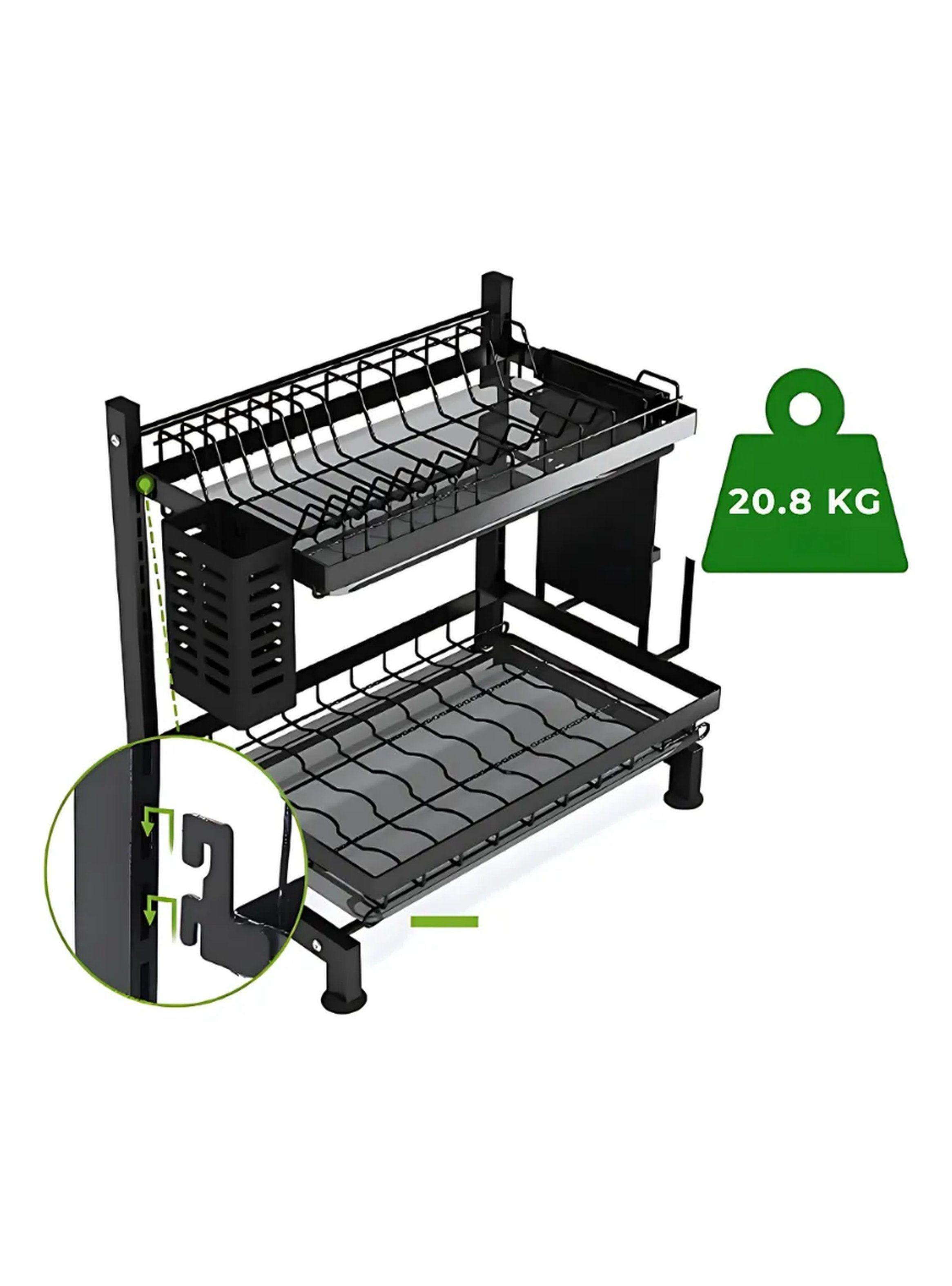 Escurridor de Platos de Cocina de 2 Niveles con Compartimentos Organizador Negro-3
